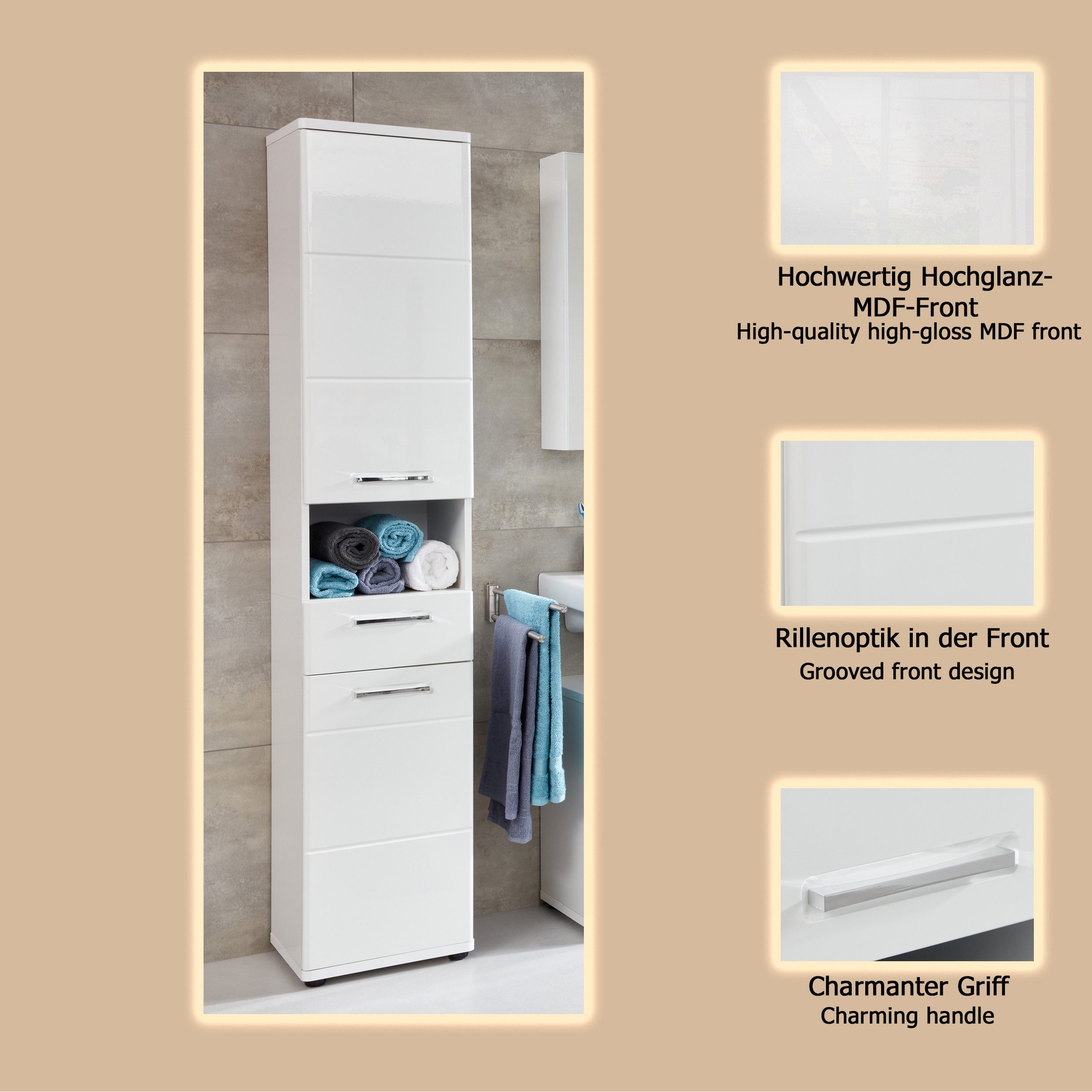 welltime Hoge kast Mora Witte badkamerkast met lade en 2 deuren - (B/D/H) 37/34/189 cm