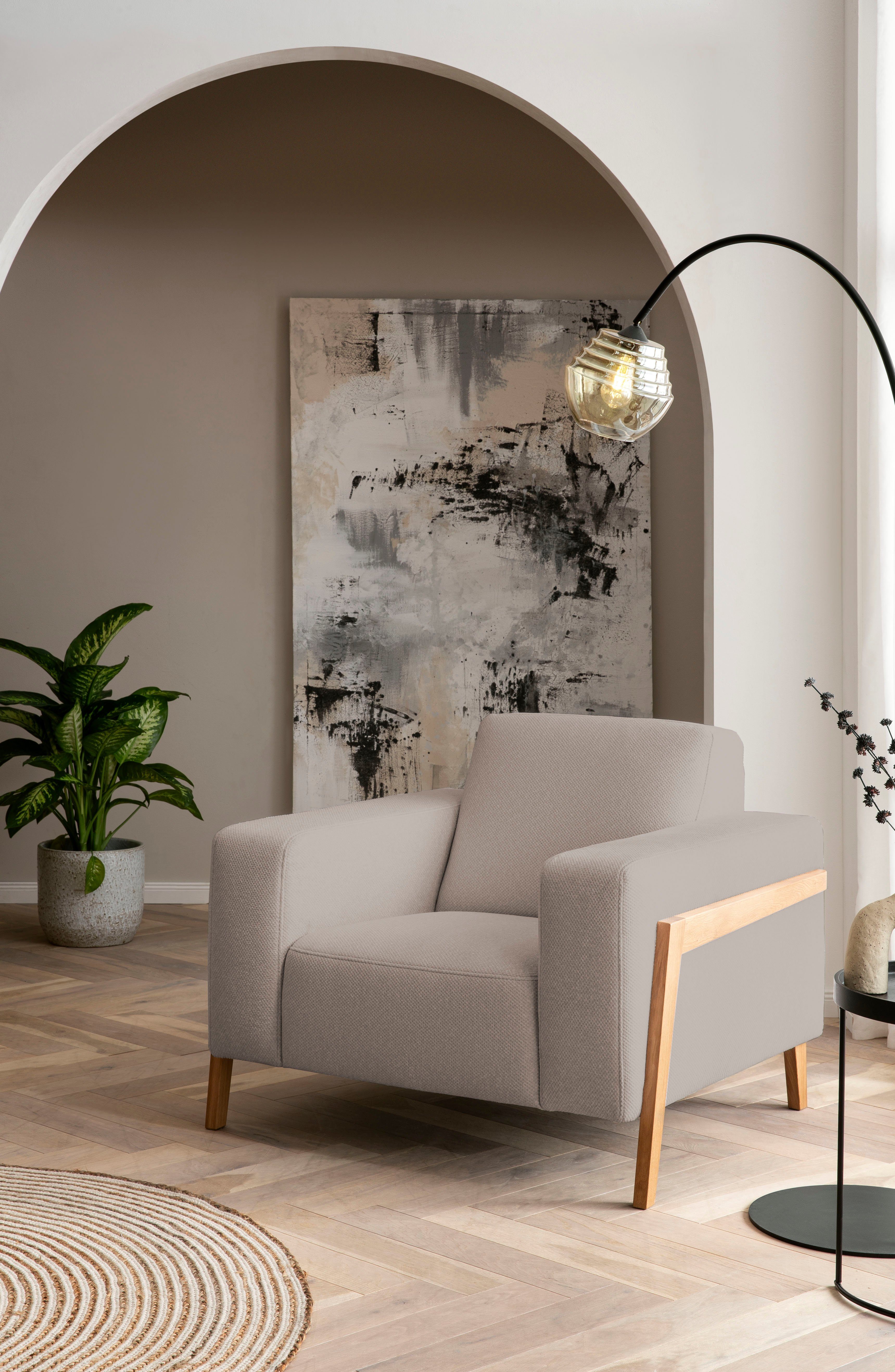 exxpo - sofa fashion Fauteuil Starr, loungestoel, Scandic ontwerp met zichtbaar hout aan de armleuning in scandinavisch design, met massief houten poten, vrij plaatsbaar in de ruimte