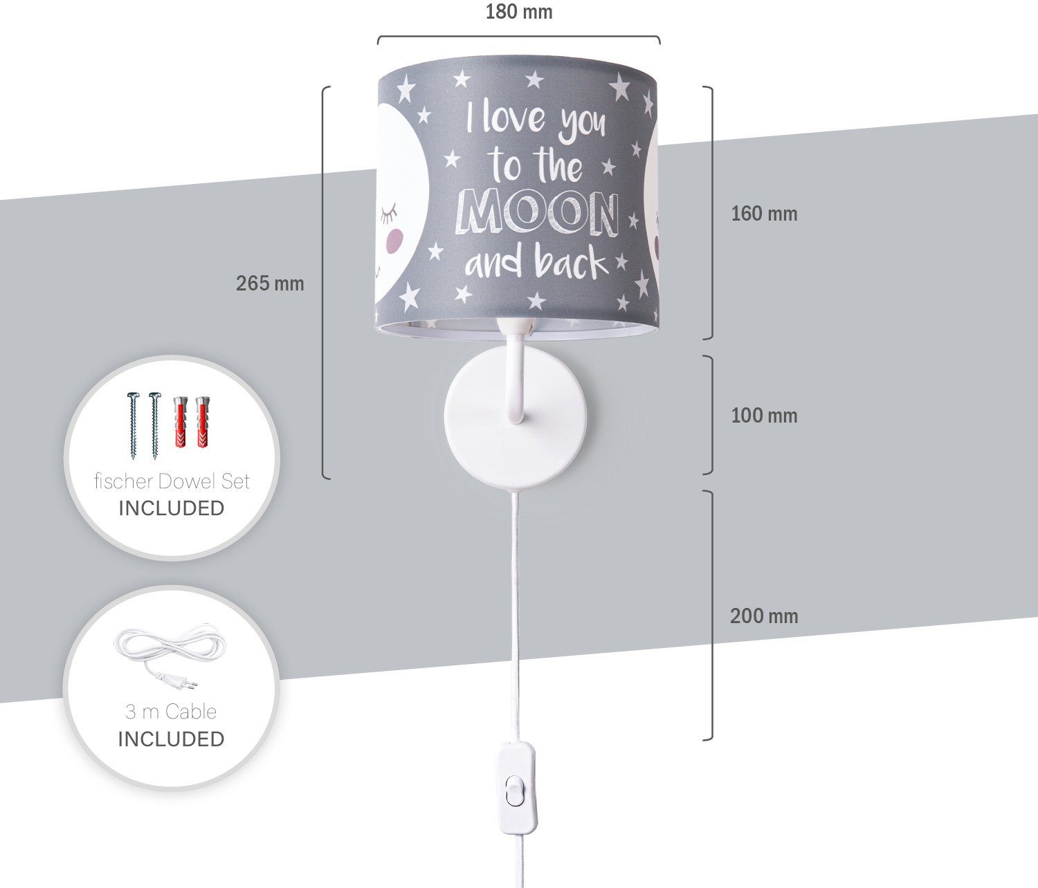Paco Home Wandlamp Aleyna 103 Kinderlamp babykamer kinderkamer âˆ…18cm maan kabel 3m E14