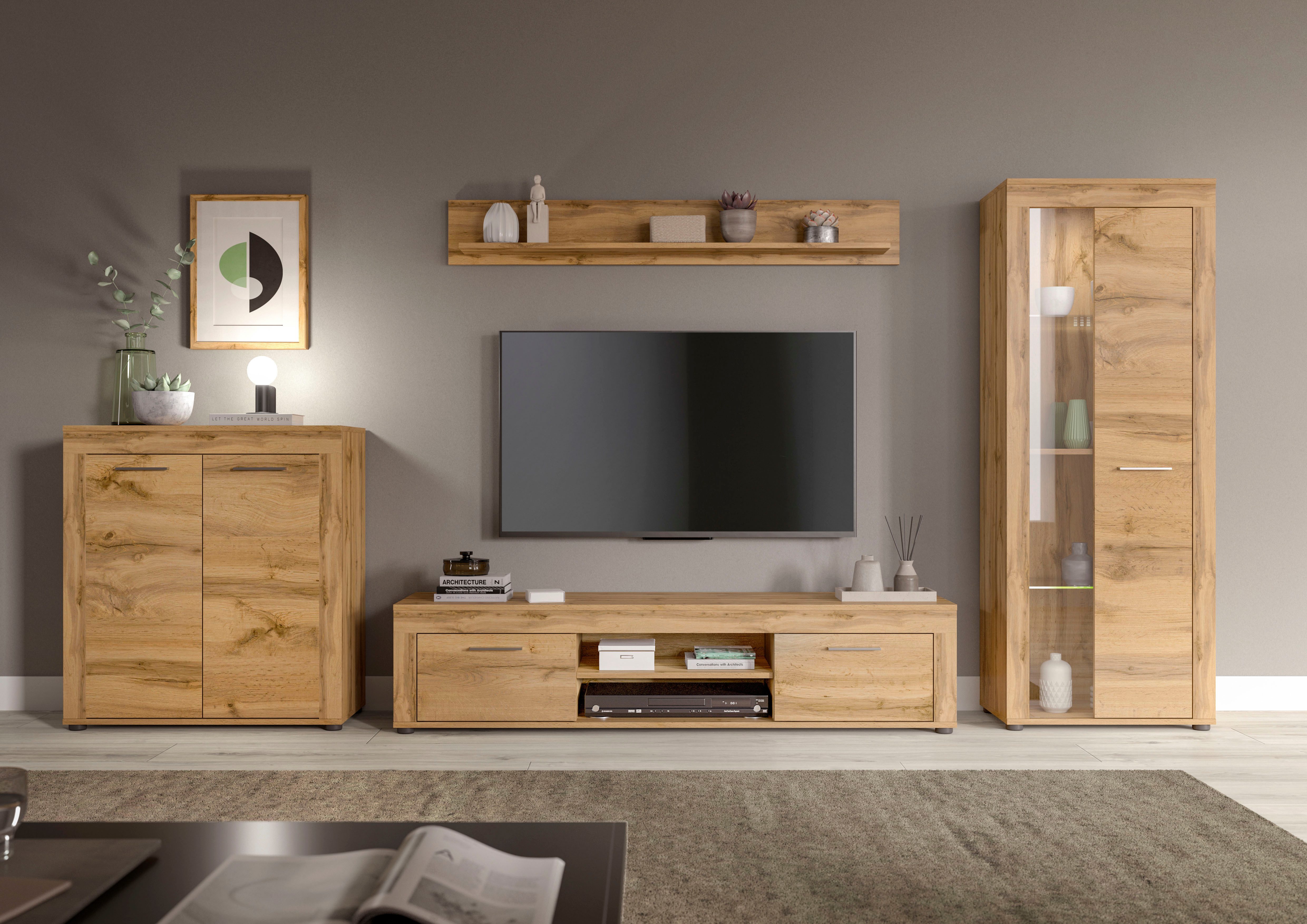INOSIGN Wandmeubel Aosta, Breedte 330cm, bestaand uit Highboard, Lowboard, Wandplank, Vitrine (4 stuks)