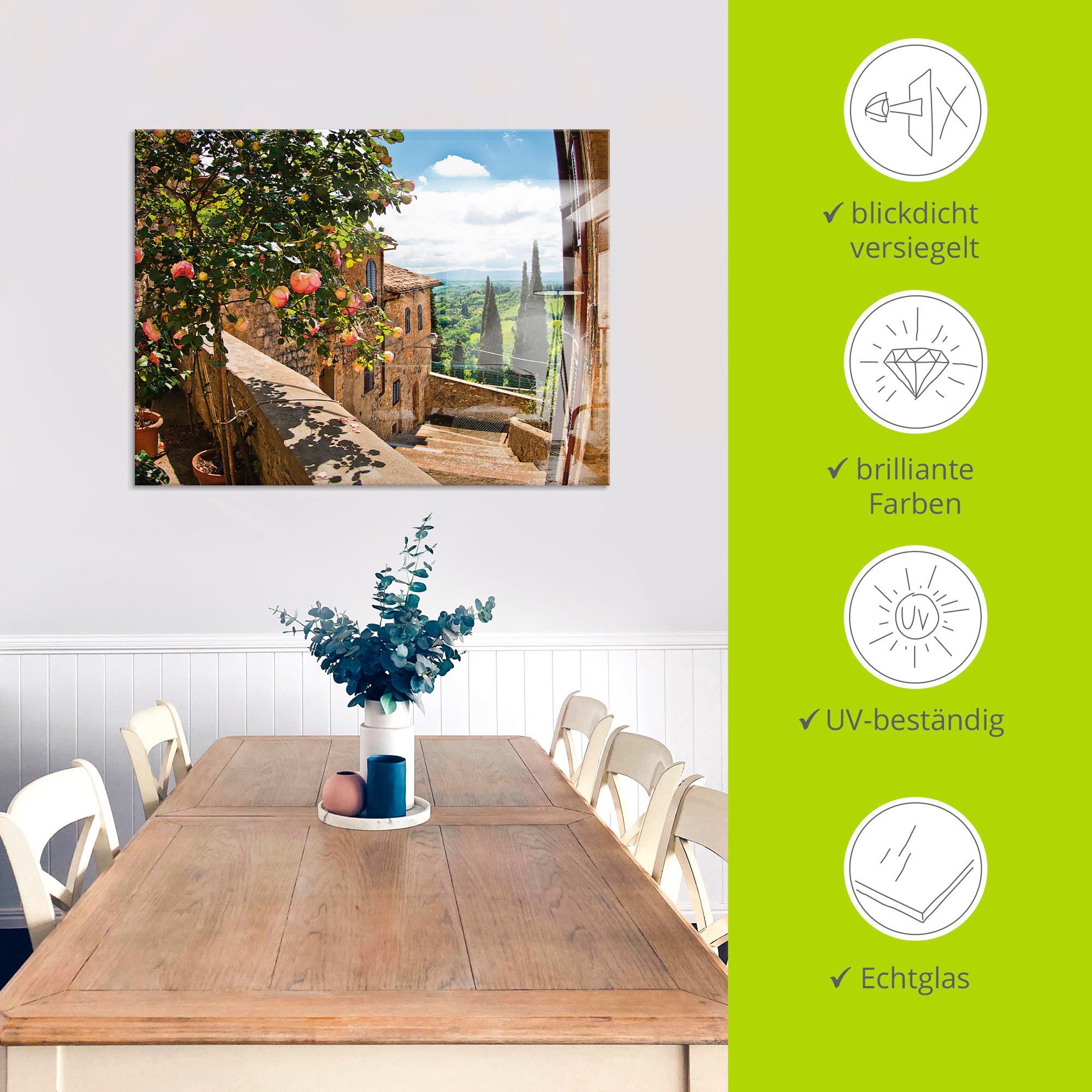 Artland Print op glas Rozen op balkon Toscaans landschap