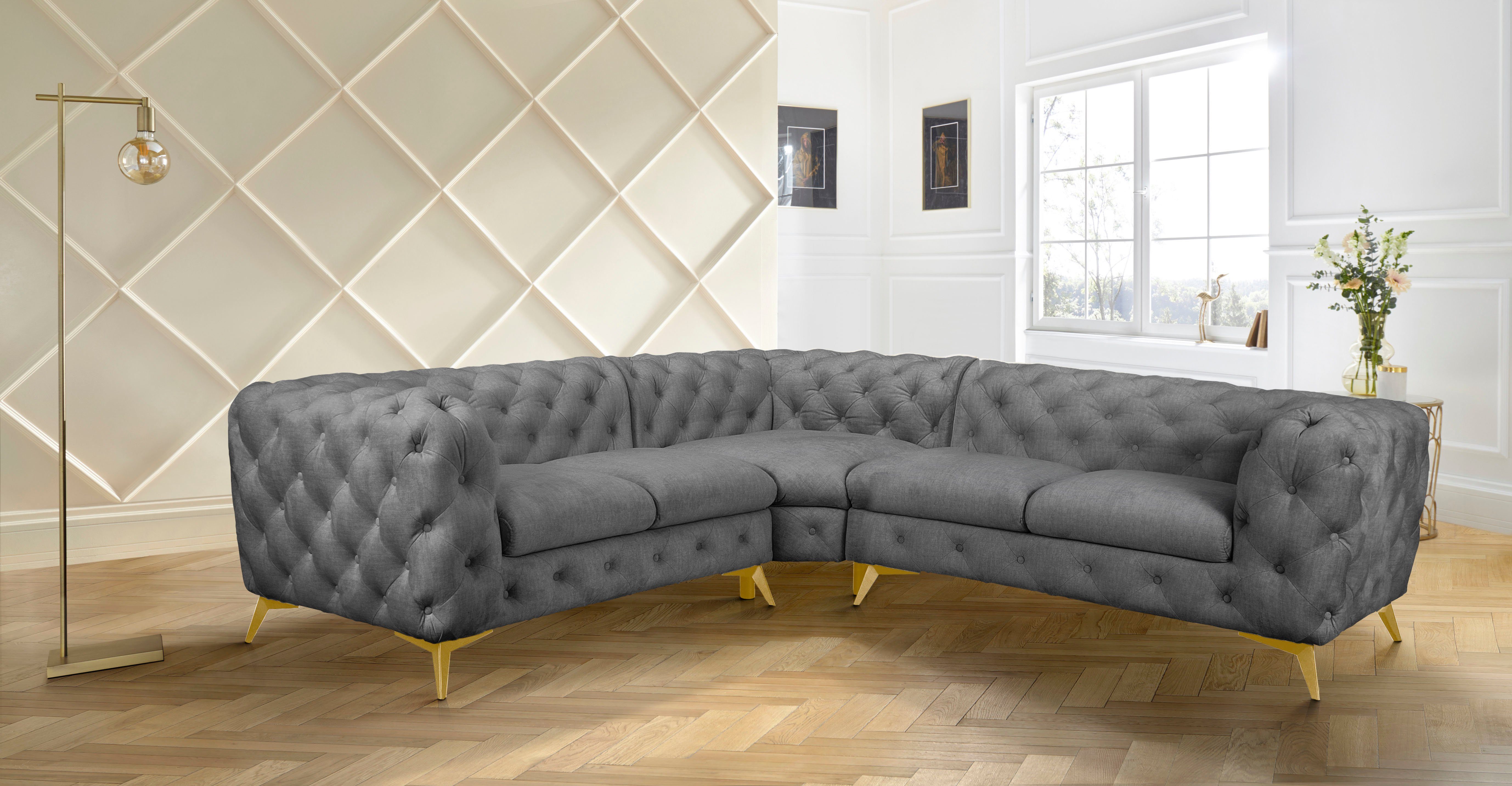 Leonique Chesterfield-bank Glynis L-vorm luxueuze capitonnage, moderne chesterfield look, kleur van de poten ter keuze