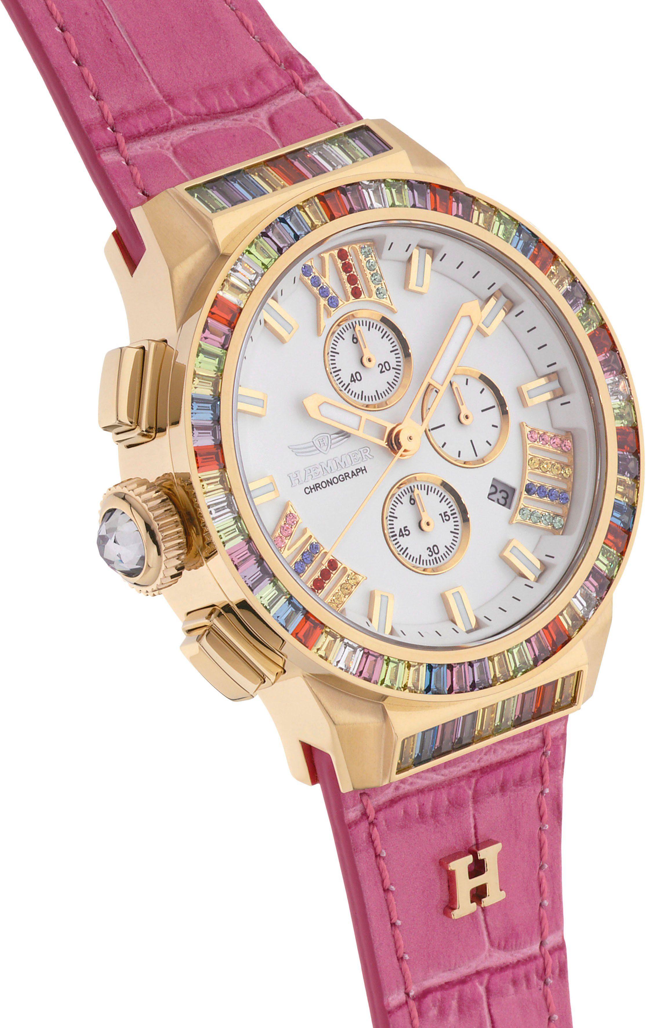 HAEMMER GERMANY Chronograaf Glorious Quartzhorloge, dameshorloge, datum, stopwatchfunctie, saffierglas, leren band