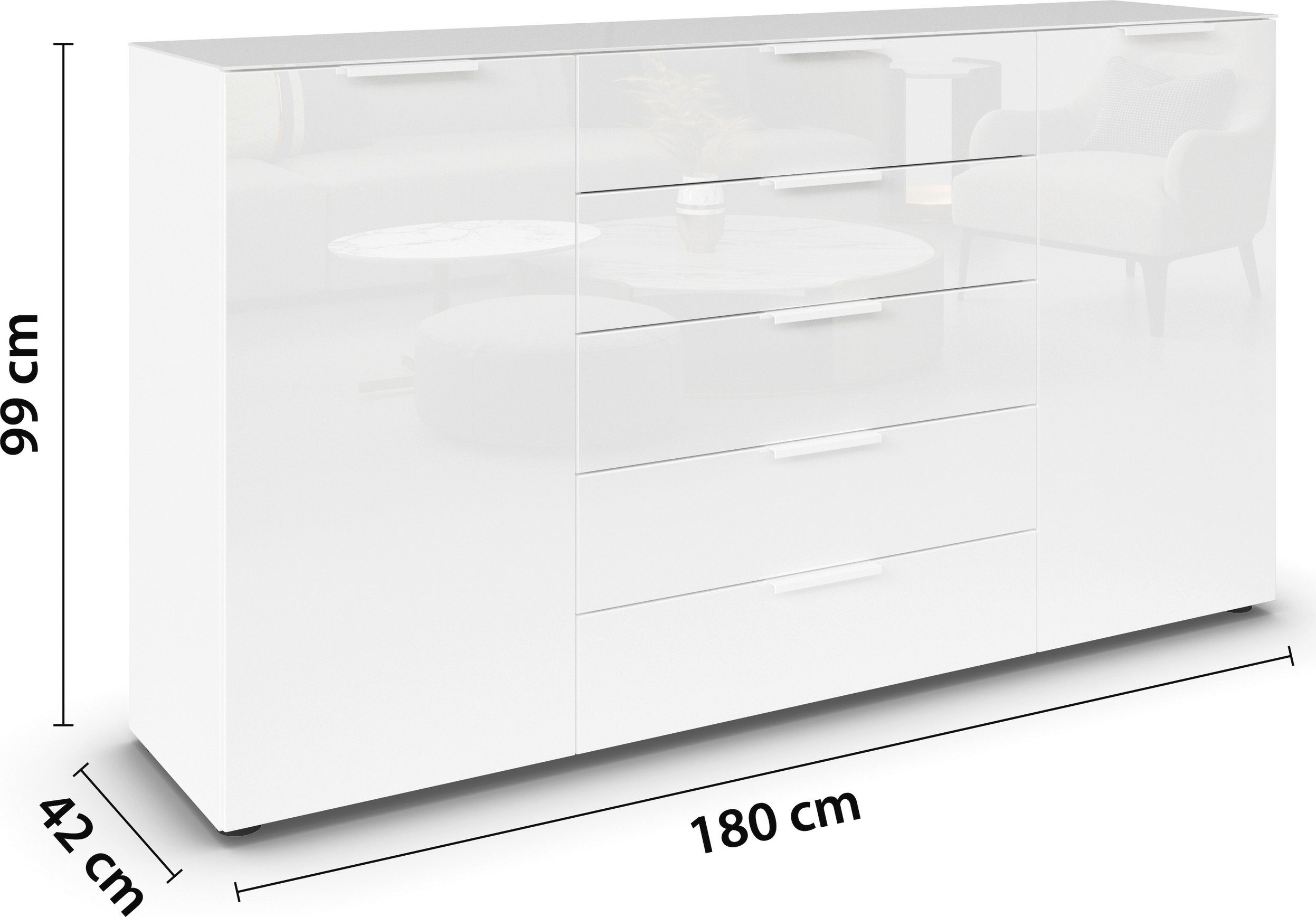 rauch Ladekast Flipp kast sideboard waskast 2-deurs, 5 laden, soft-close, bovenblad en glazen front, 2 breedtes