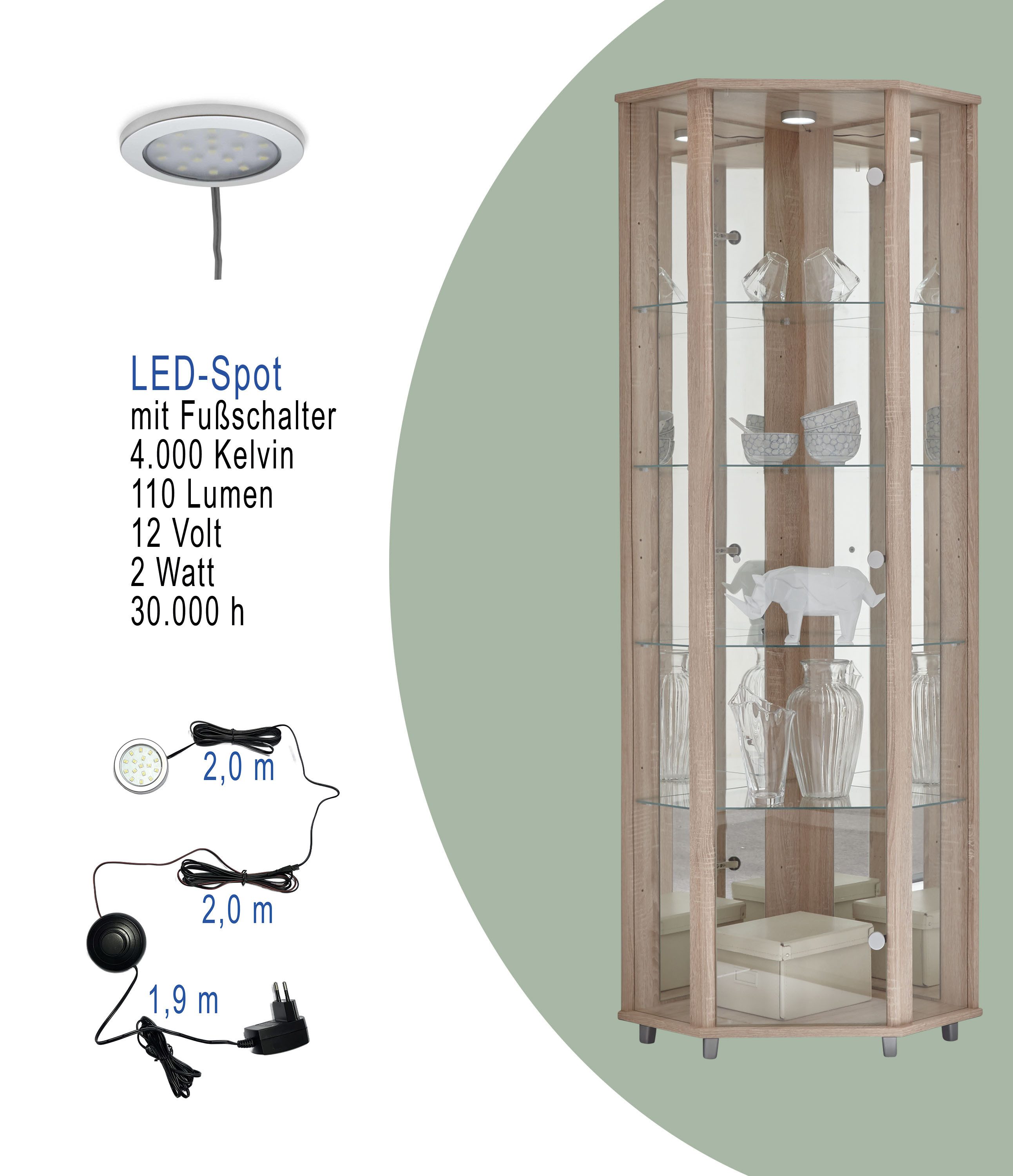 fif möbel Hoekvitrinekast TRIO hoogte ca. 172 cm, incl. verlichting Hoekvitrine/Glasvitrine 1x Glazen deur, perfect voor verzamelaars, verzamelvitrine