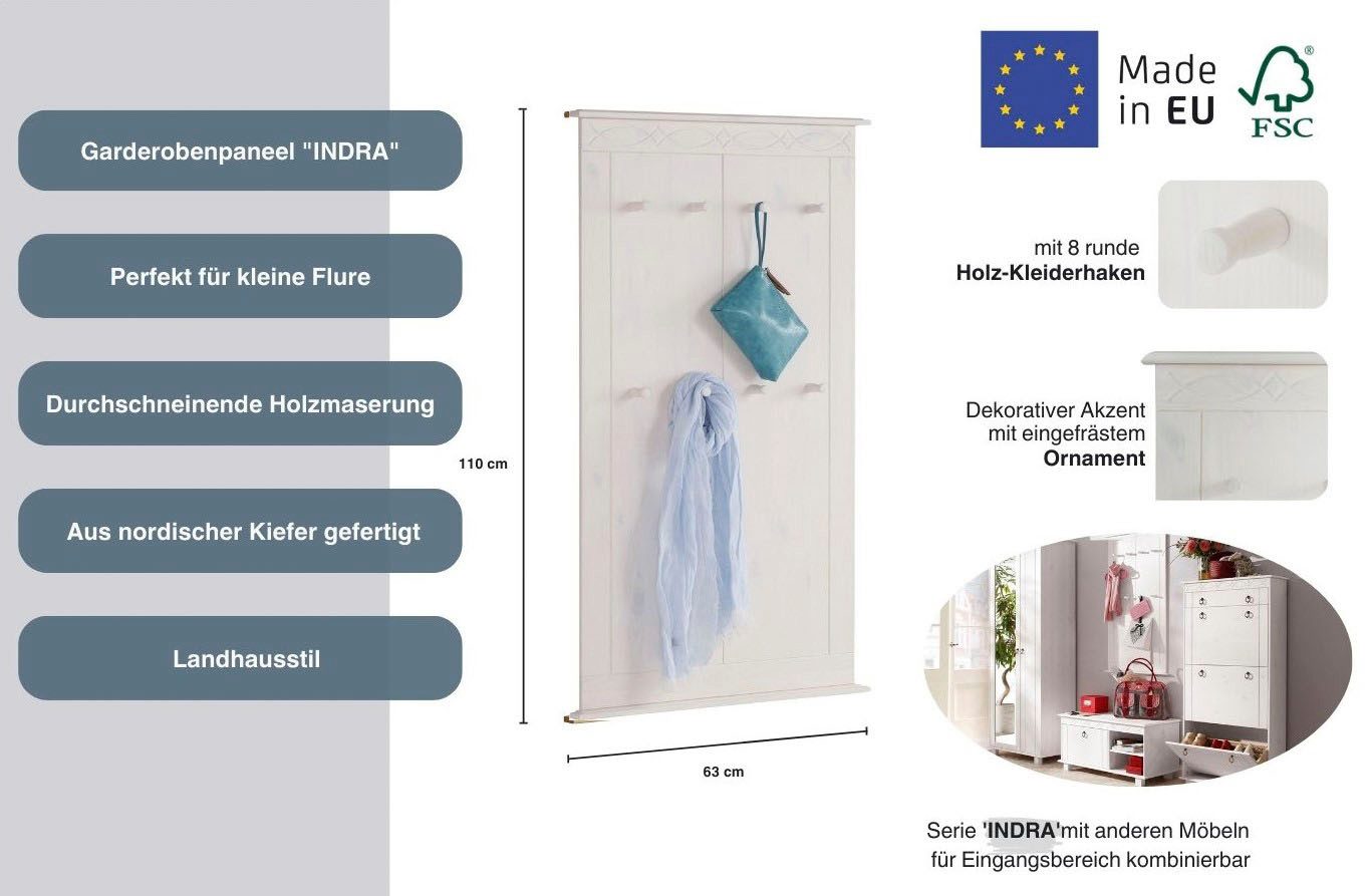 Home affaire Kapstokpaneel Indra van massief dennenhout, fsc®, 8 haken, discreet ornament