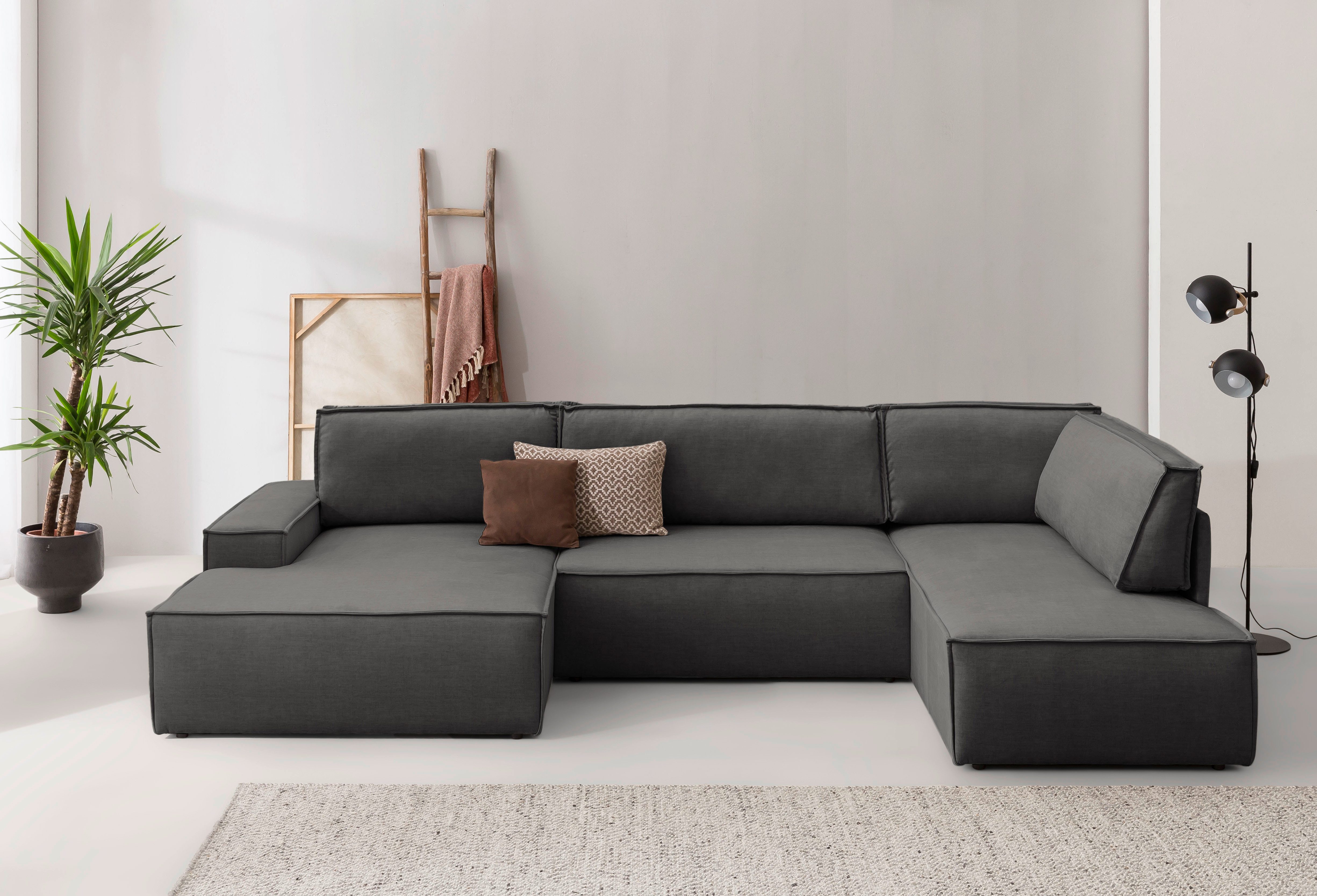 Home affaire Zithoek SHERWOOD 329 cm, U-vorm, slaapbank, Slaapfunctie met bedkist (194x139 cm), cord, vintage, fluweel