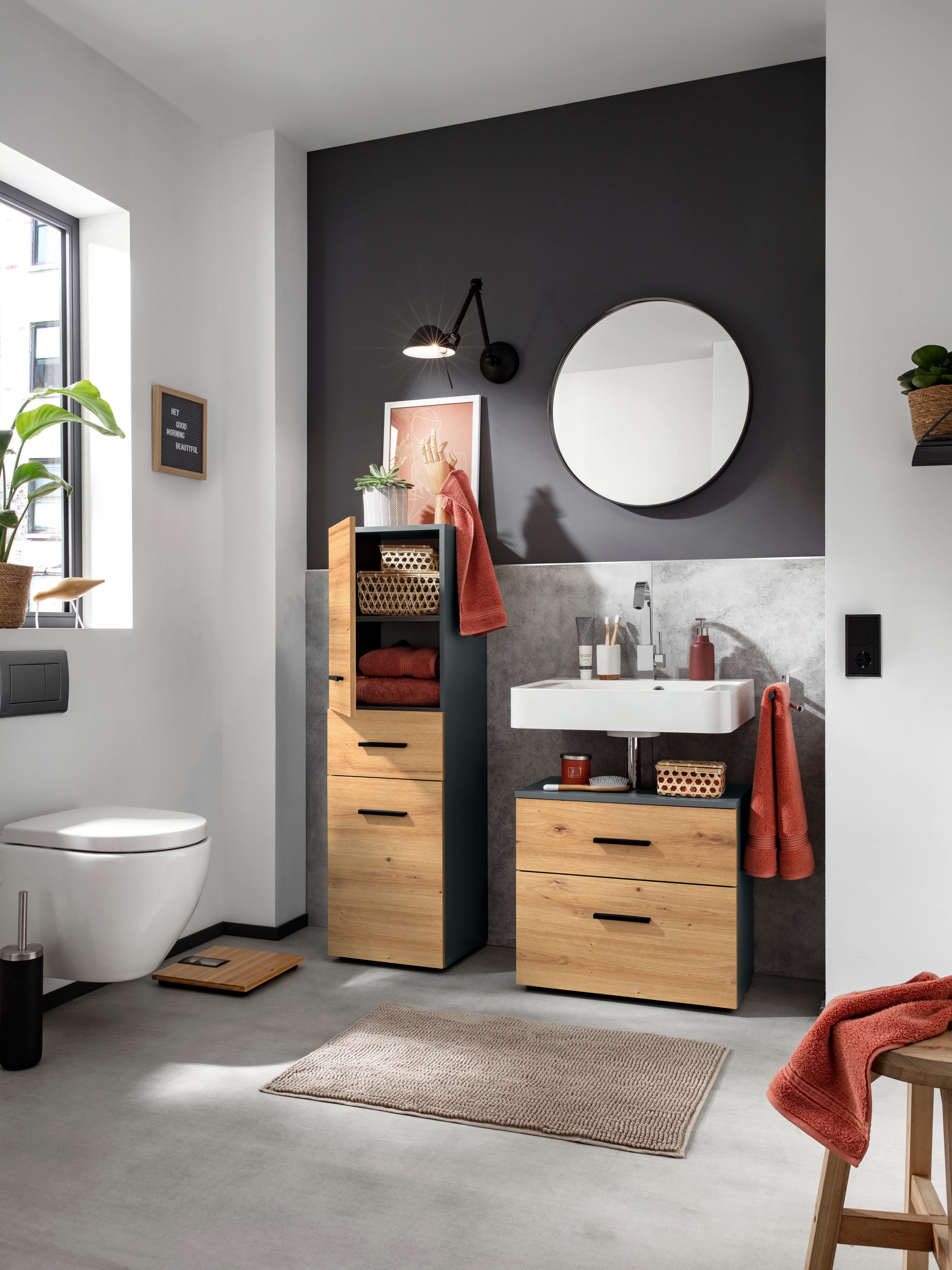 INOSIGN Wastafelonderkast Skara met klep en lade, zwarte grepen, breedte 60 cm, hoogte 55 cm
