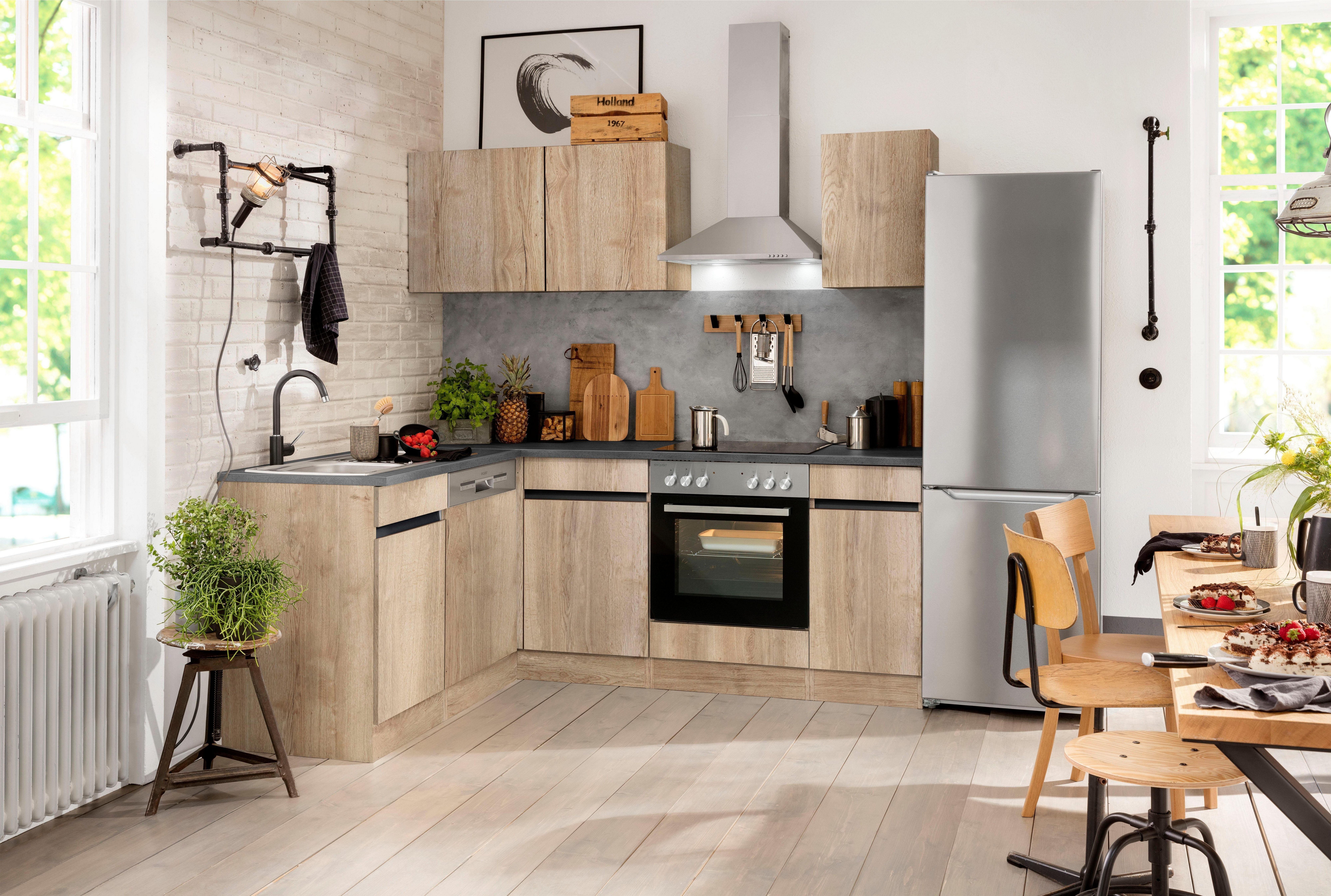 OPTIFIT Hoekkeuken Roth Afmetingen 210x175 cm, naar keuze met elektrische apparaten, push-to-open-functie