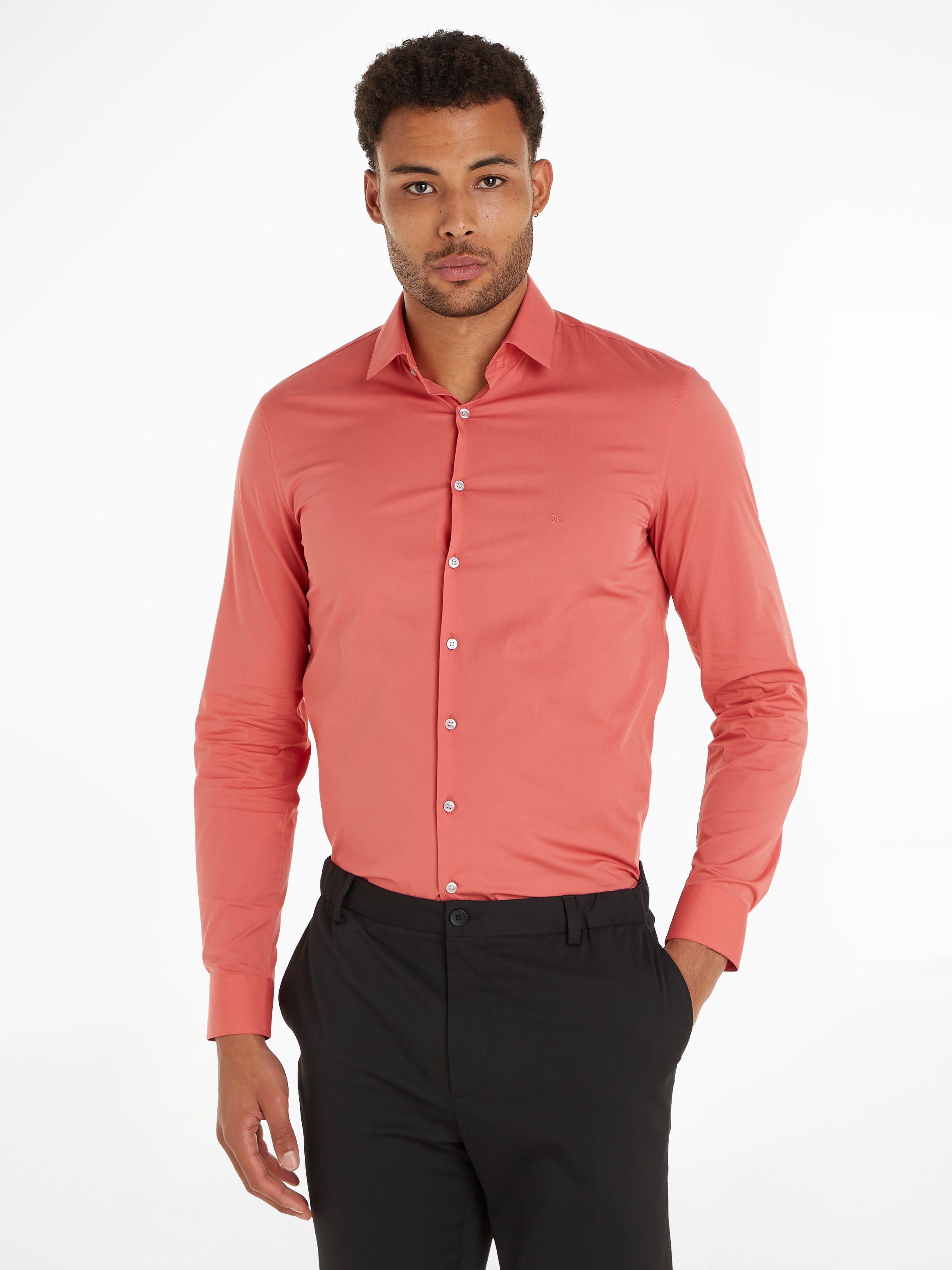 Calvin Klein Businessoverhemd POPLIN STRETCH SLIM SHIRT met kent-kraag, logoprint op borsthoogte