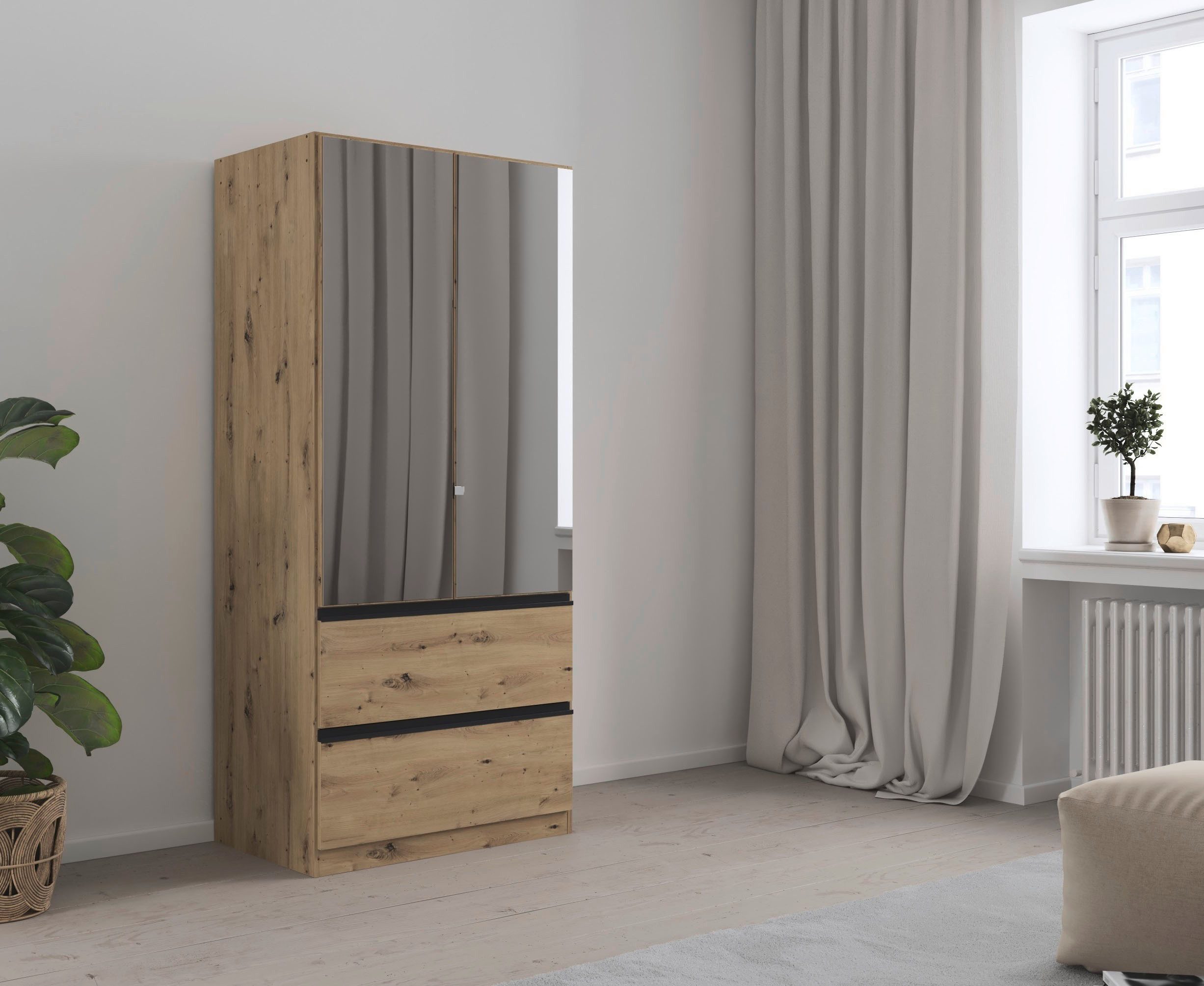 rauch Draaideurkast Kledingkast Kast Garderobe Wasmand COSTA in 3 Breedtes met spiegel, greeploos front en push-to-open functie made in germany