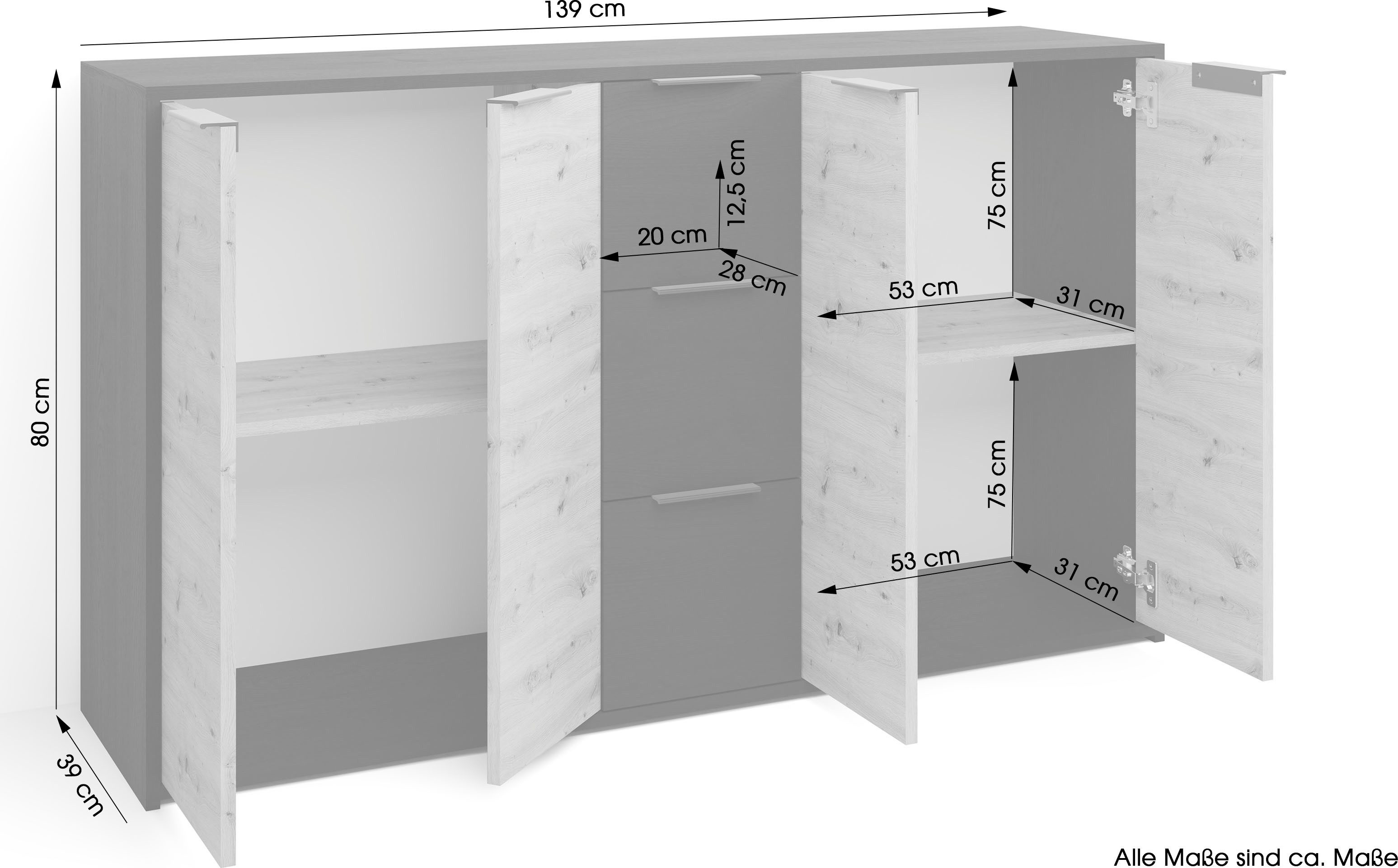 byLIVING Dressoir Rimini Melamine eiken zwart en artisan eiken, 3 lades, 4 deuren