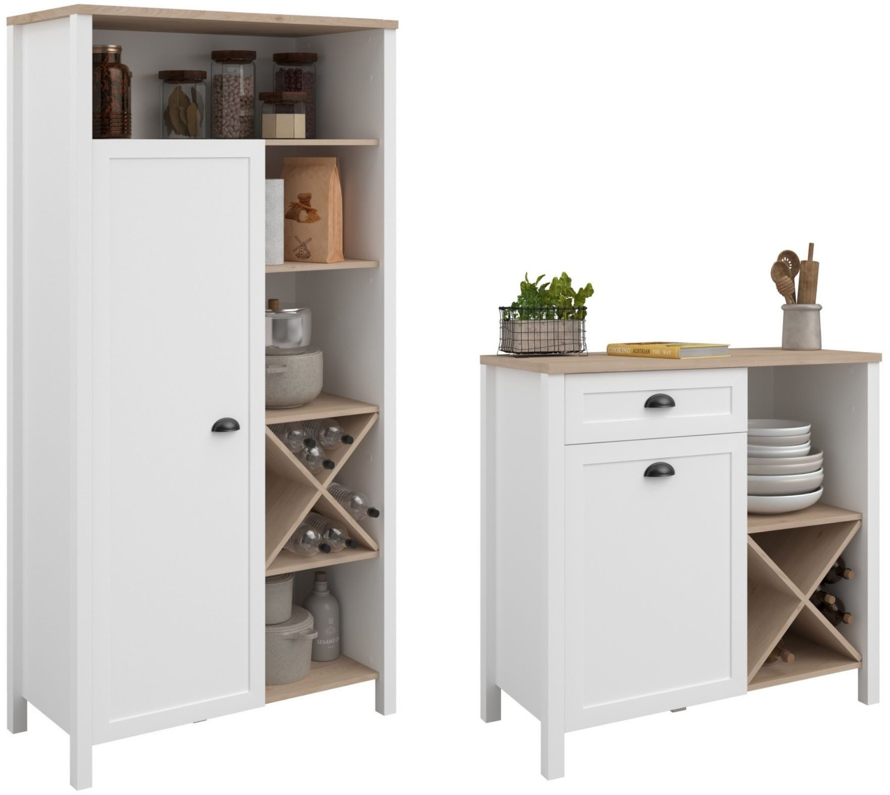 Parisot Kastenset Cottage 1 Veel opbergruimte, flessenrek, metalen handgrepen, MDF, melamine gecoat (set, 2-delig)