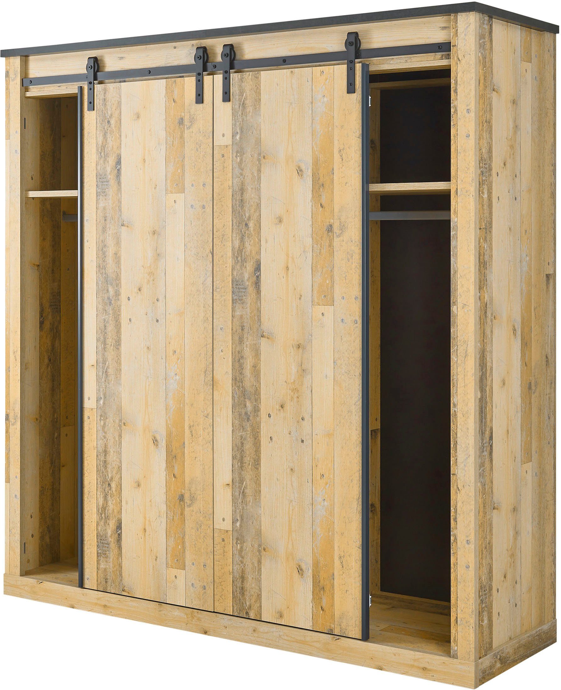 Home affaire Kledingkast SHERWOOD slaapkamerkast met spiegel linn kast Schuifdeuren met schuurdeur beslag van metaal, B/D/H 201/63/209cm
