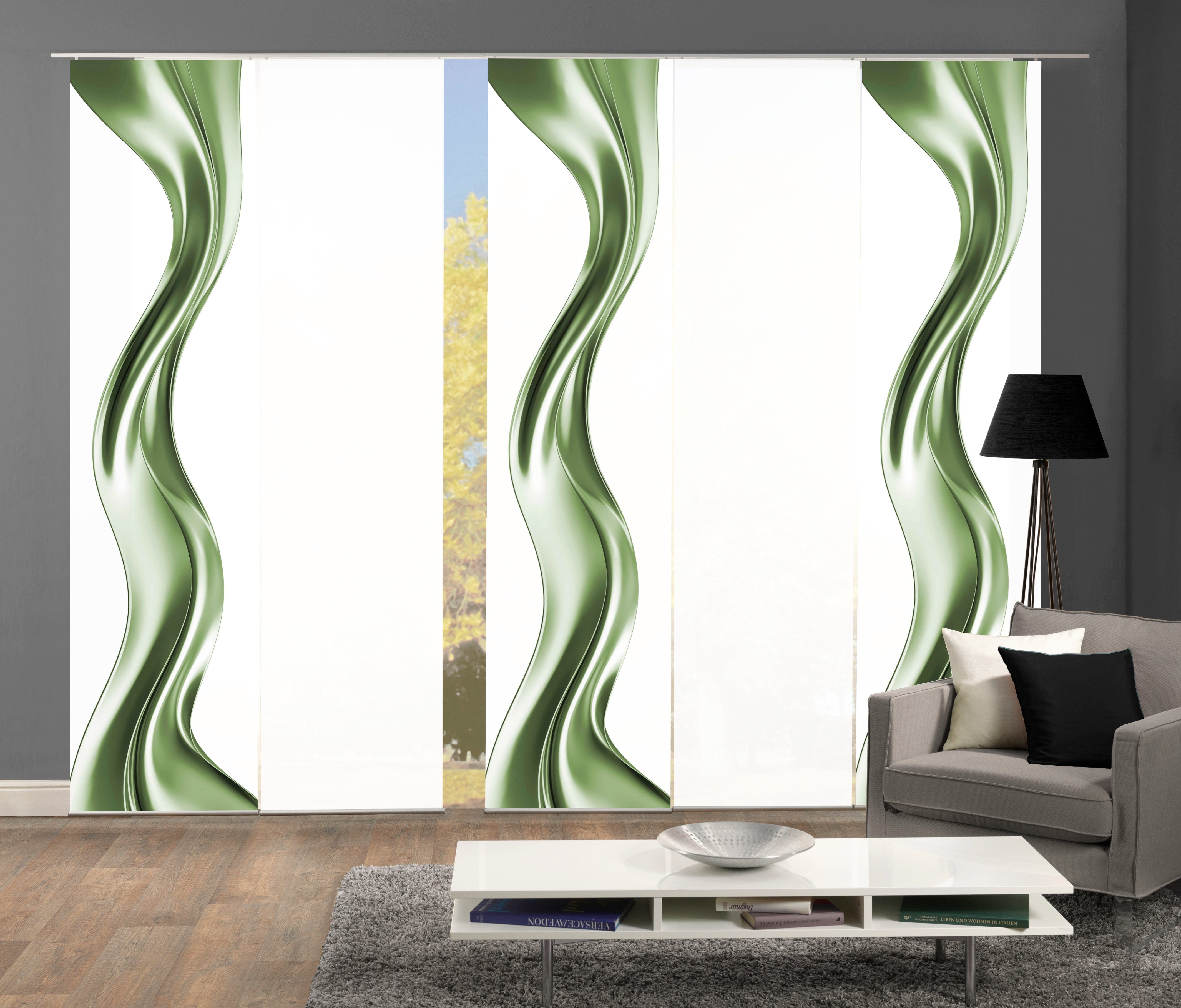 HOME WOHNIDEEN Paneelgordijn OAKLEY PANEELGORDIJN, ZIJDE UITSTRALING, DIGITALE PRINT (5 stuks) paneelgordijnen groen