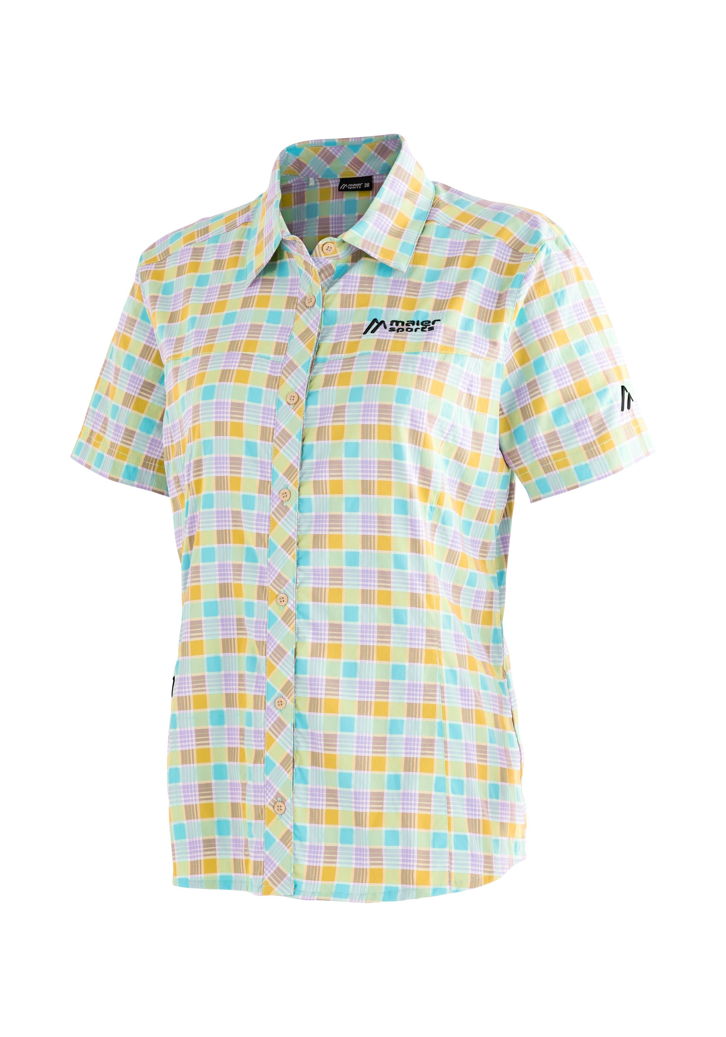 Maier Sports Outdoorblouse Kendra S/S W Dames korte mouwen blouse, onderhoudsvriendelijke geruite blouse dames blouses maat 38 blauw