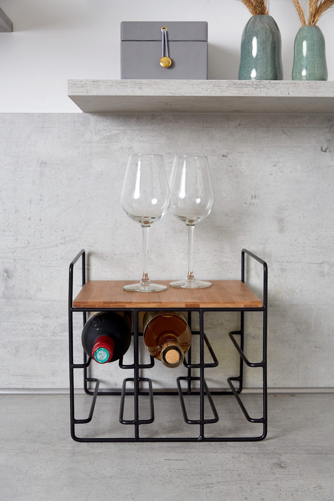 WENKO Wijnflessenhouder Model Loft Flessenrek voor 6 flessen met plank, metaal en bamboe