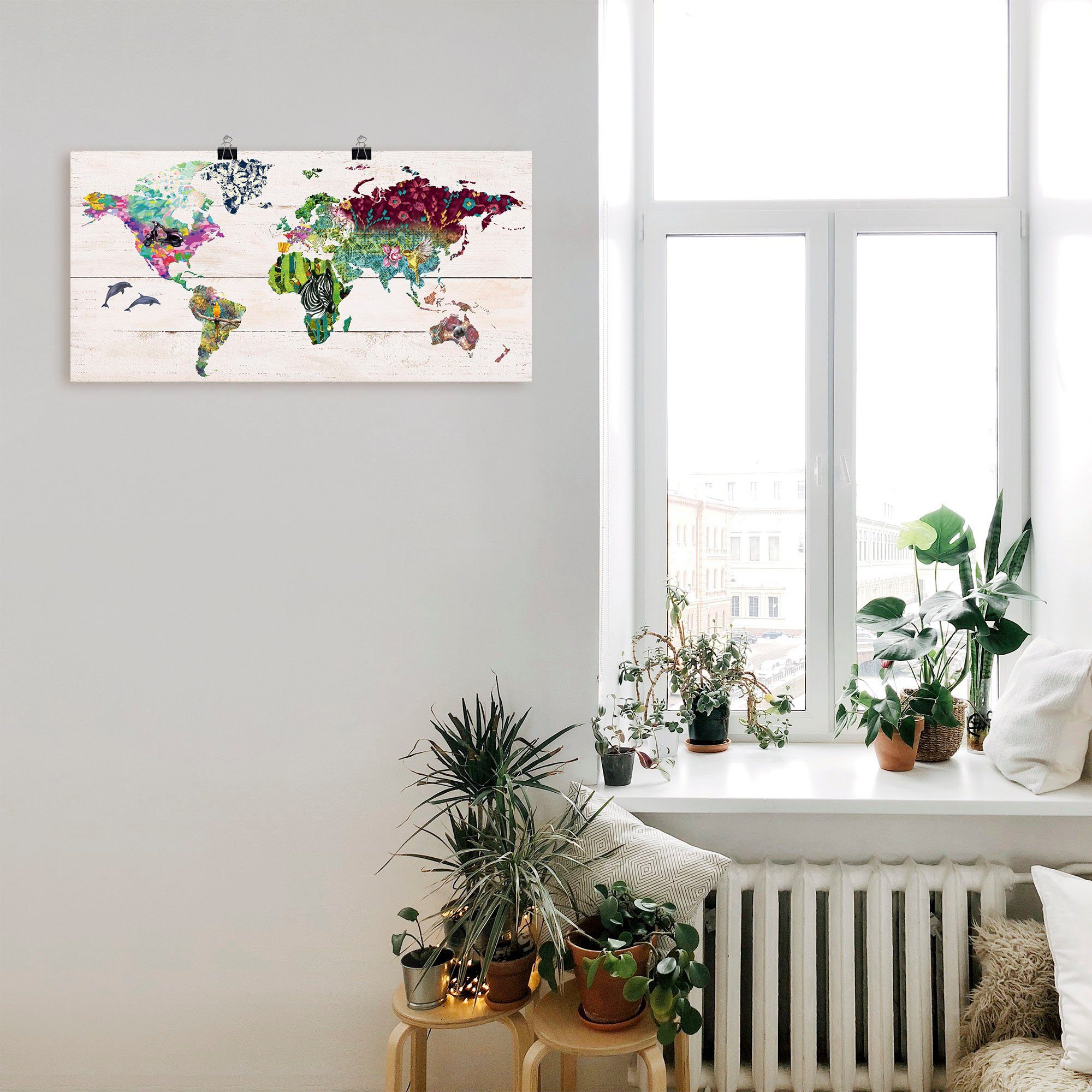 Artland Artprint Veelkleurige wereld op houten ondergrond als artprint op linnen, poster in verschillende formaten maten