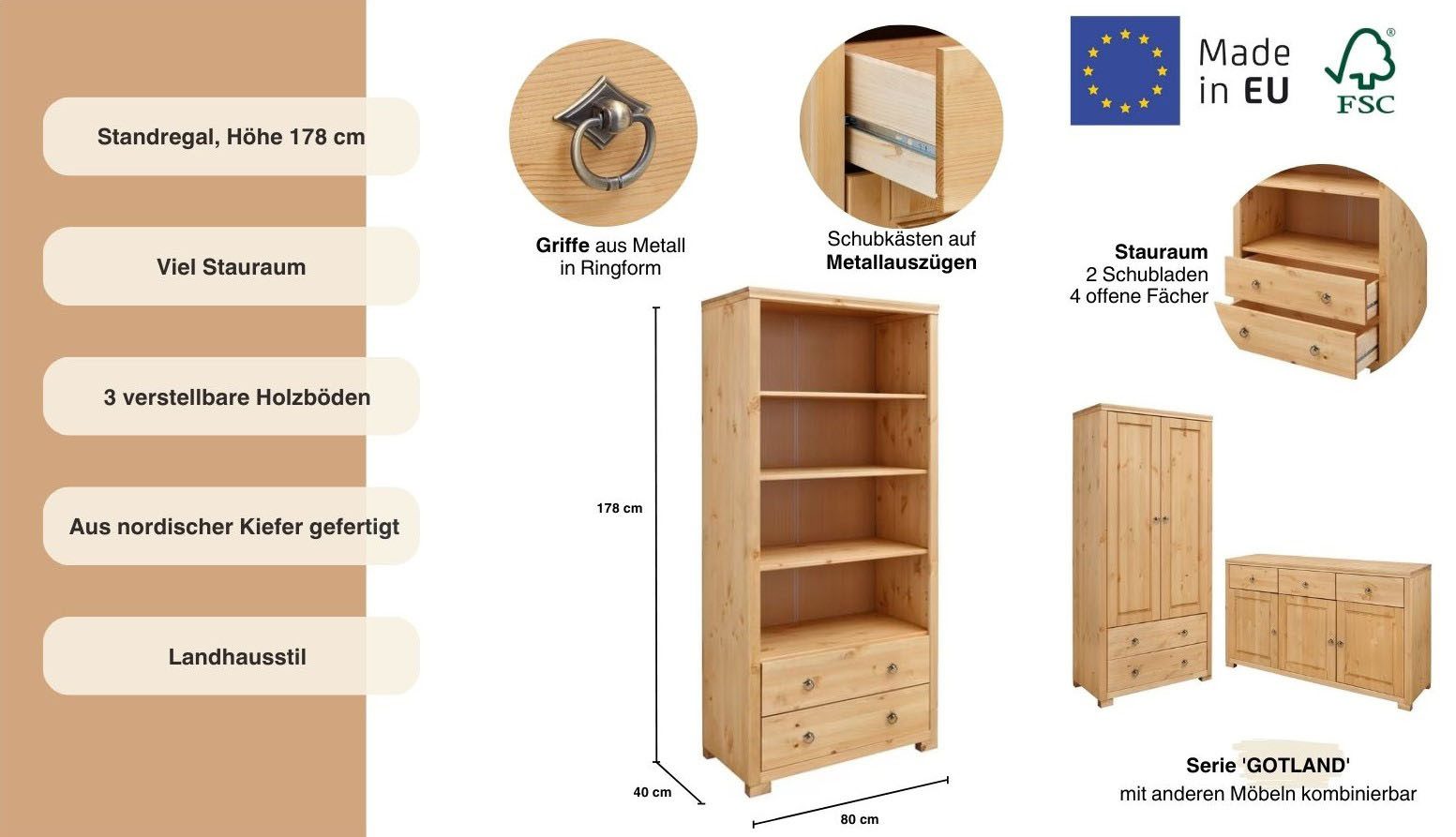 Home affaire Staand rek Gotland Breedte 80 cm, hoogte 178 cm, van massief grenen, FSC®