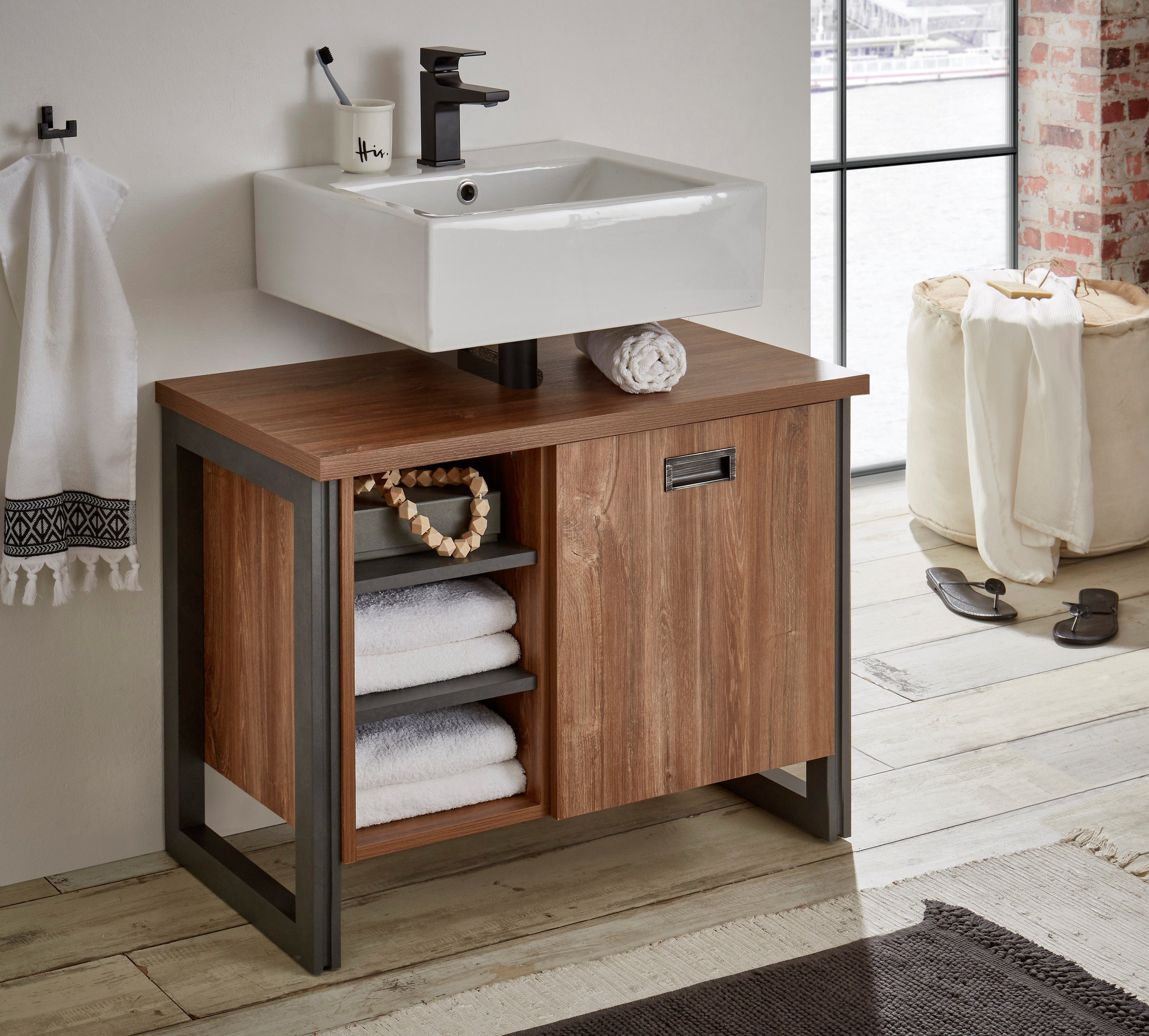 Home affaire Wastafelonderkast Detroit, Waschtisch mit Apothekergriff, Badschrank im Industrialdesign Breedte 81 cm onderkasten bruin