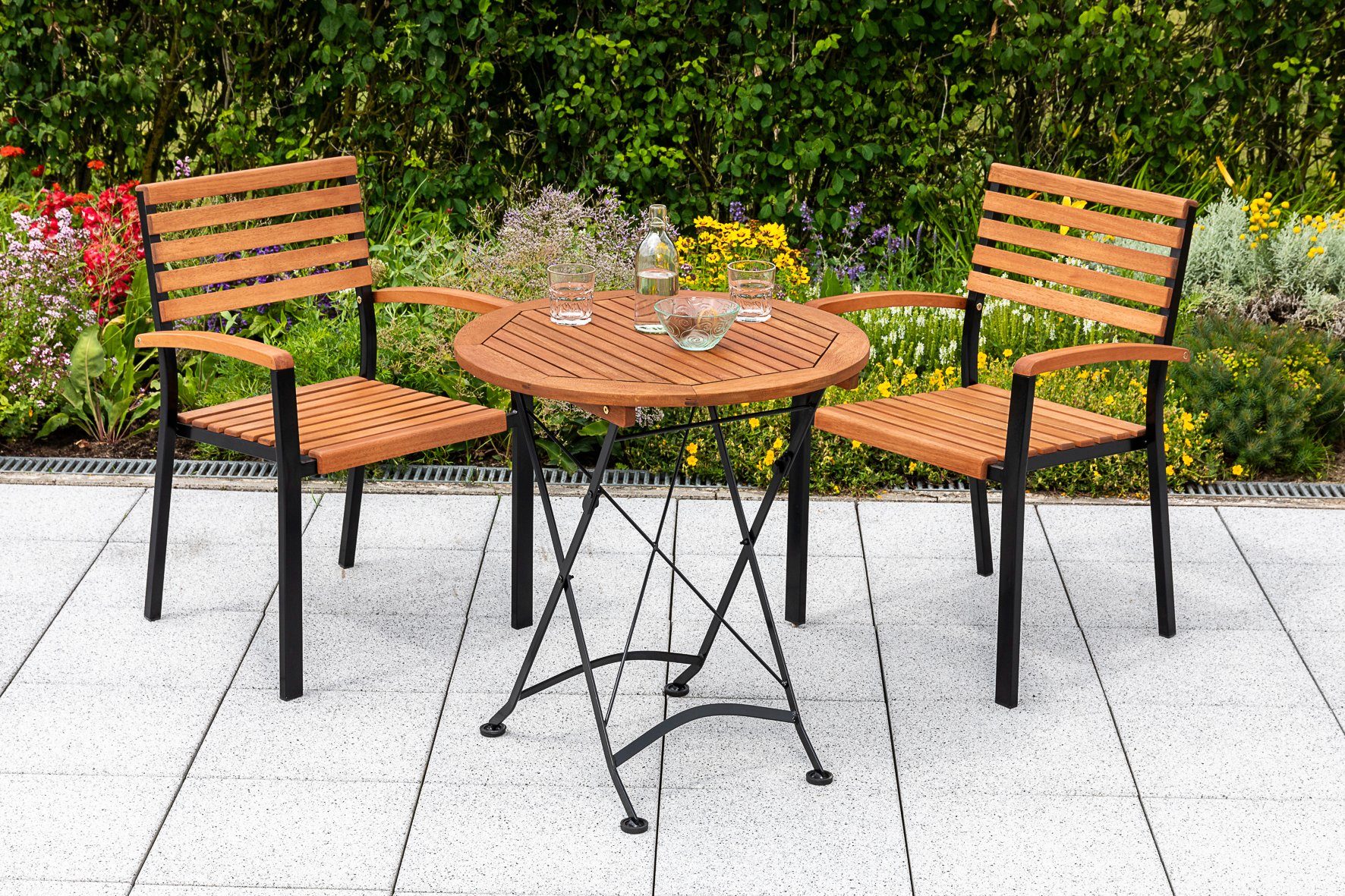 MERXX Balkonset Kasteeltuin 2 stapelstoelen met klaptafel (3-delig) tuinsets bruin