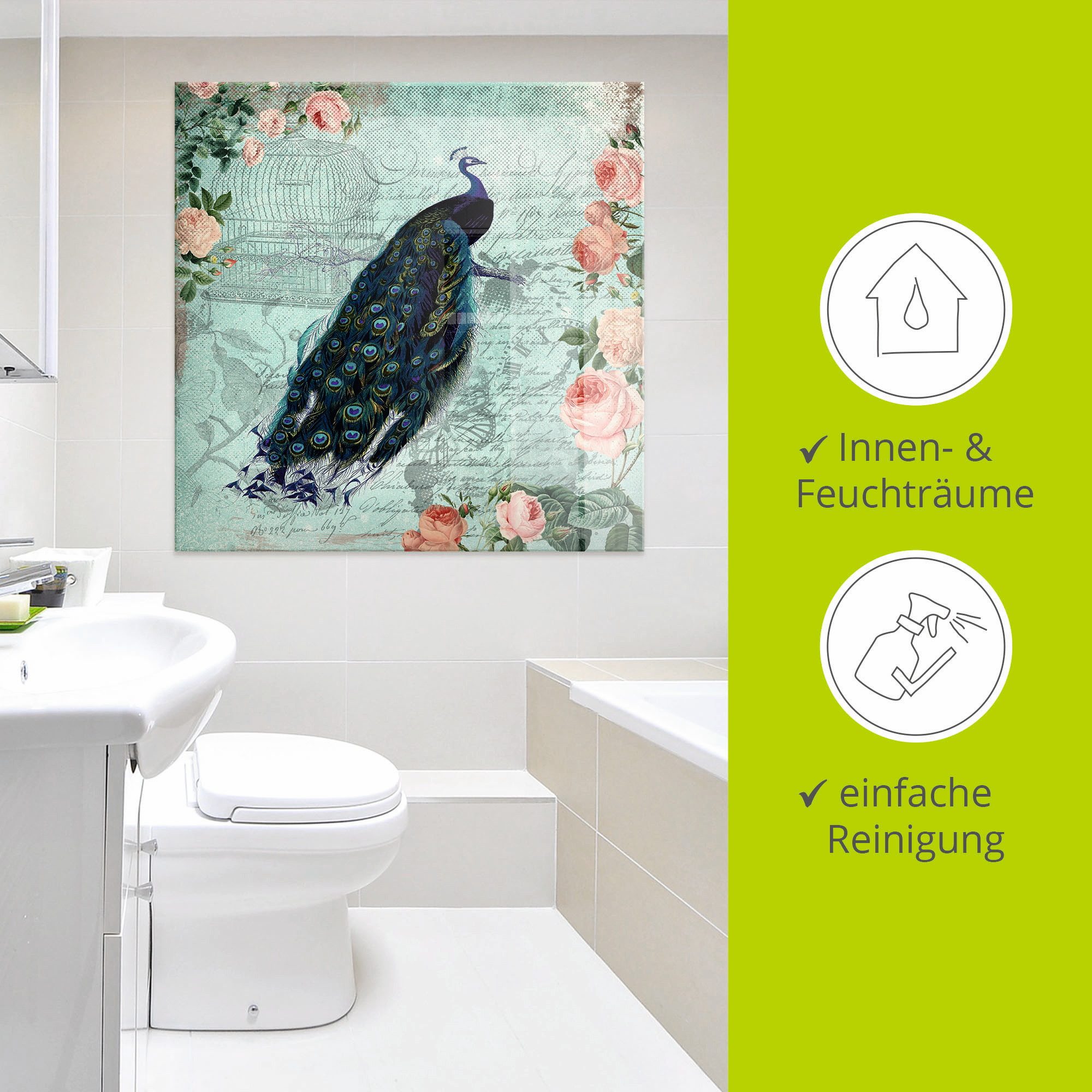 Artland Print op glas Vintage rozen en pauw illustratie