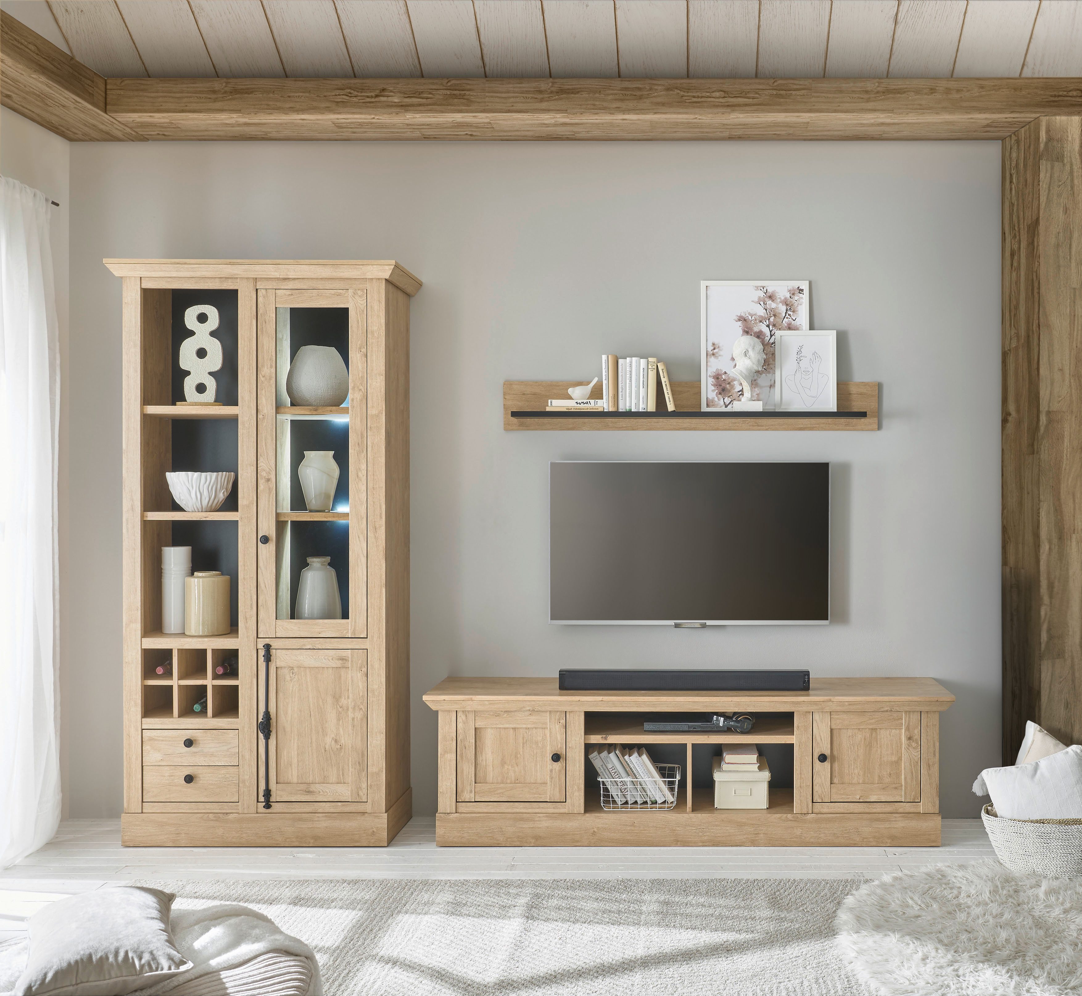Home affaire Wandmeubel Cornwall, opbouwwand in landelijke stijl, woonkamer-set, in eiken decor (set, 3-delig) tv-wandmeubels bruin