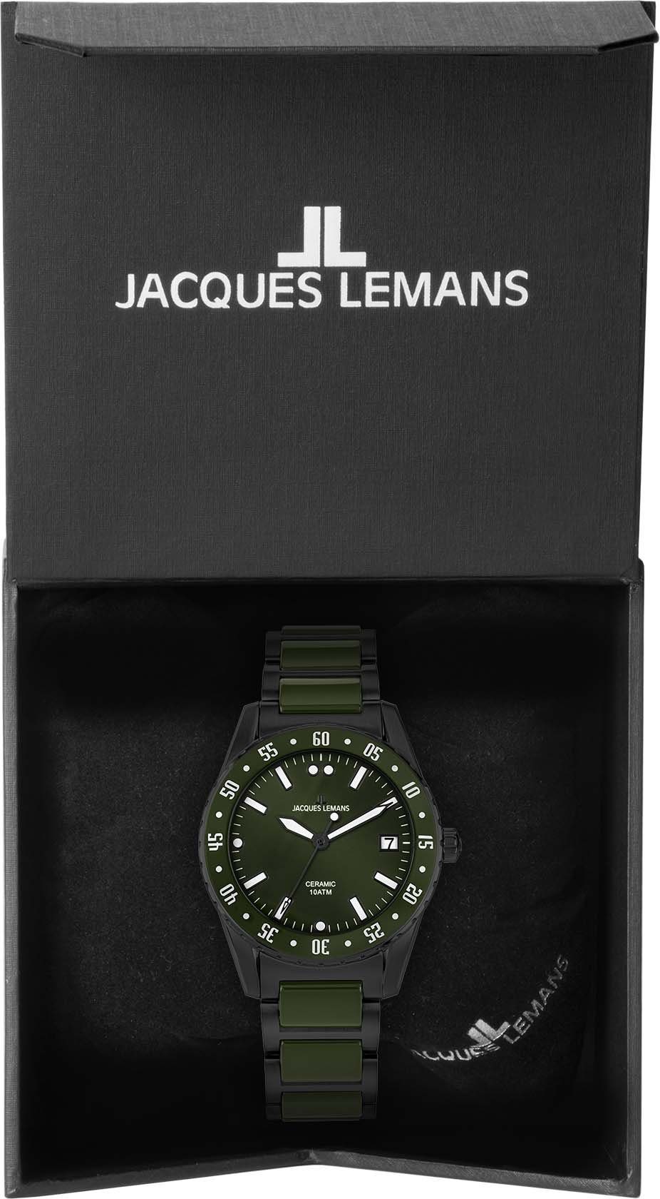 Jacques Lemans Keramisch horloge Liverpool, 42-10F Quartz horloge, armbandhorloge, herenhorloge, datum, lichtgevende wijzers, roestvrijstalen band