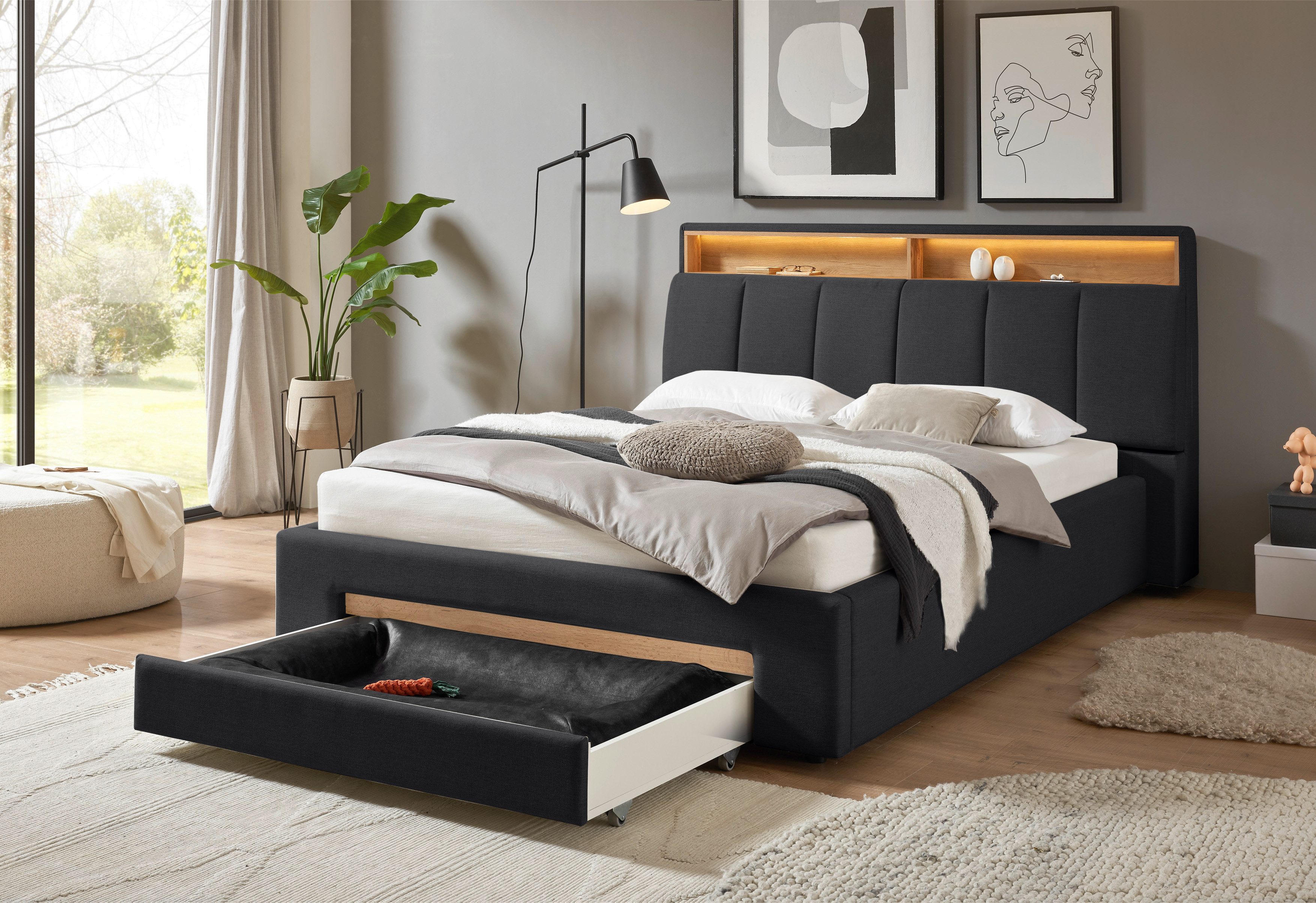 INOSIGN Gestoffeerd bed CiTY/GiRON,, gepolsterd opbergbed, met LED-verlichting Bedkisten met hondenbed of als opbergruimte, opklapbare hoofdeinden