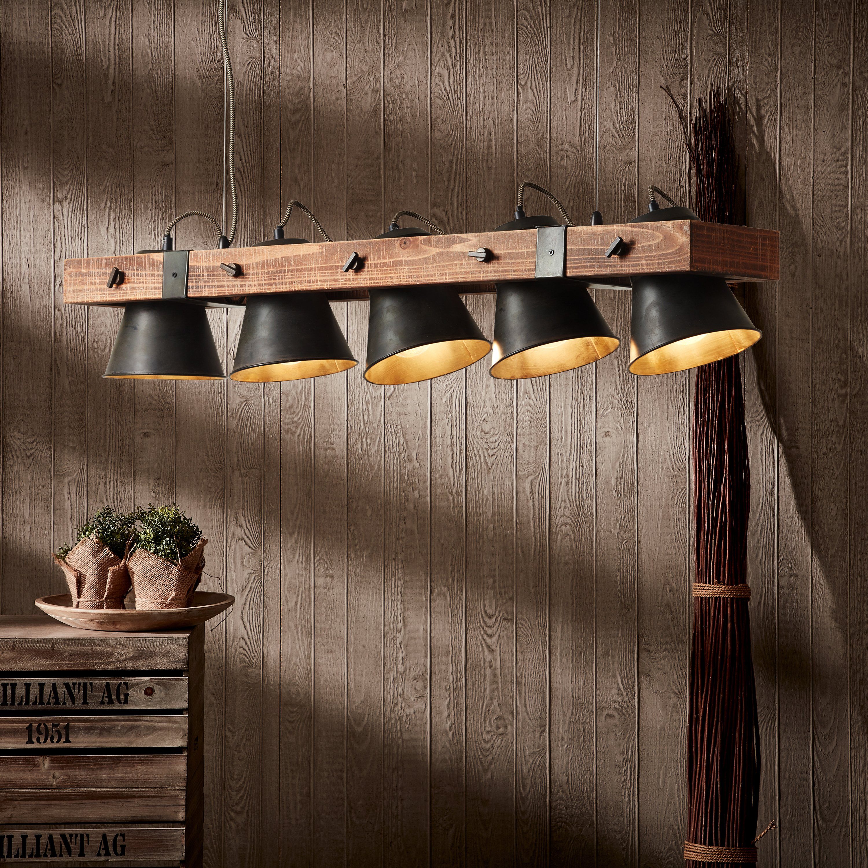Brilliant Leuchten Hanglamp PLOW Hanglamp 5-lichts, zwenkbaar, staal/hout (1 stuk)