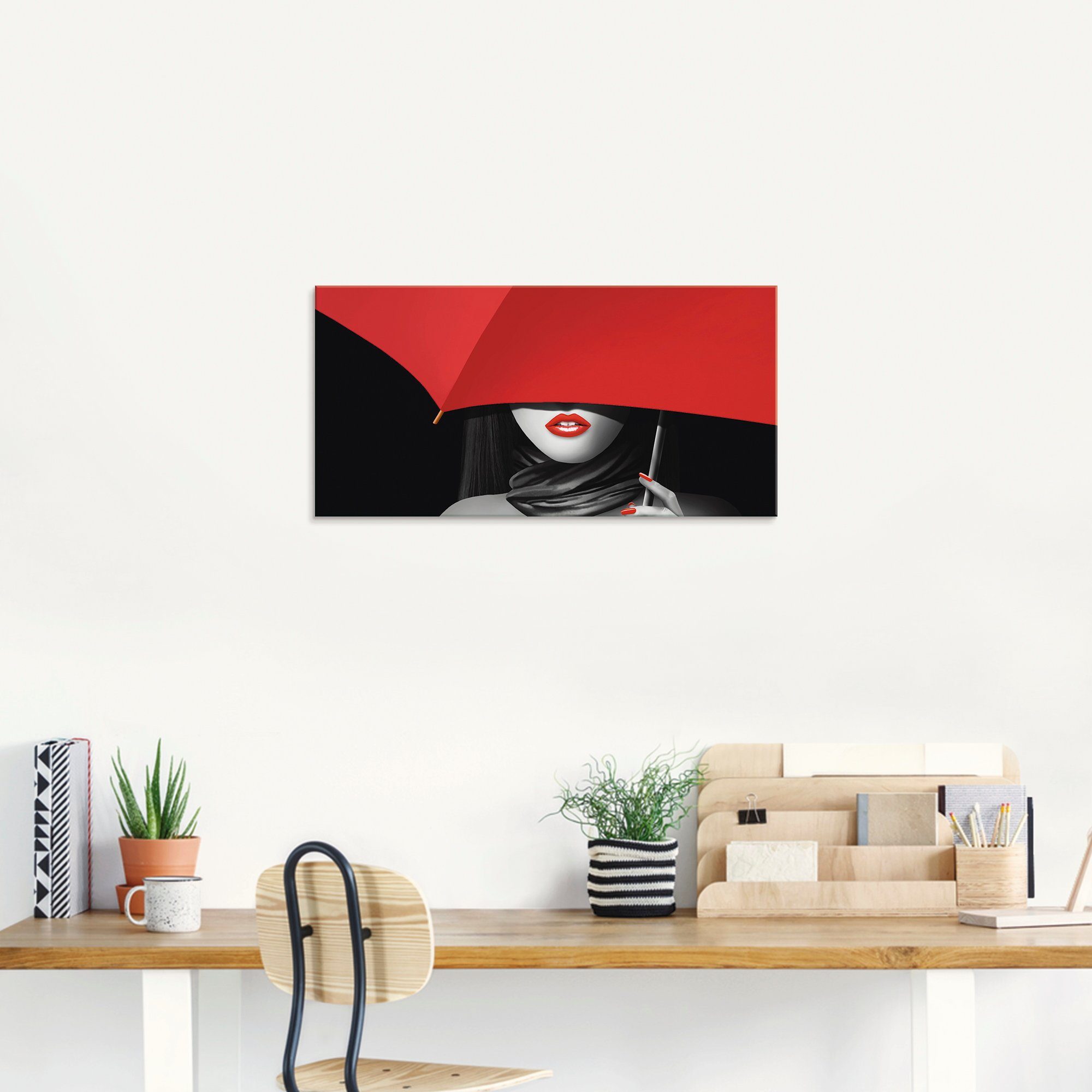 Artland Print op glas Rode lippen onder de paraplu