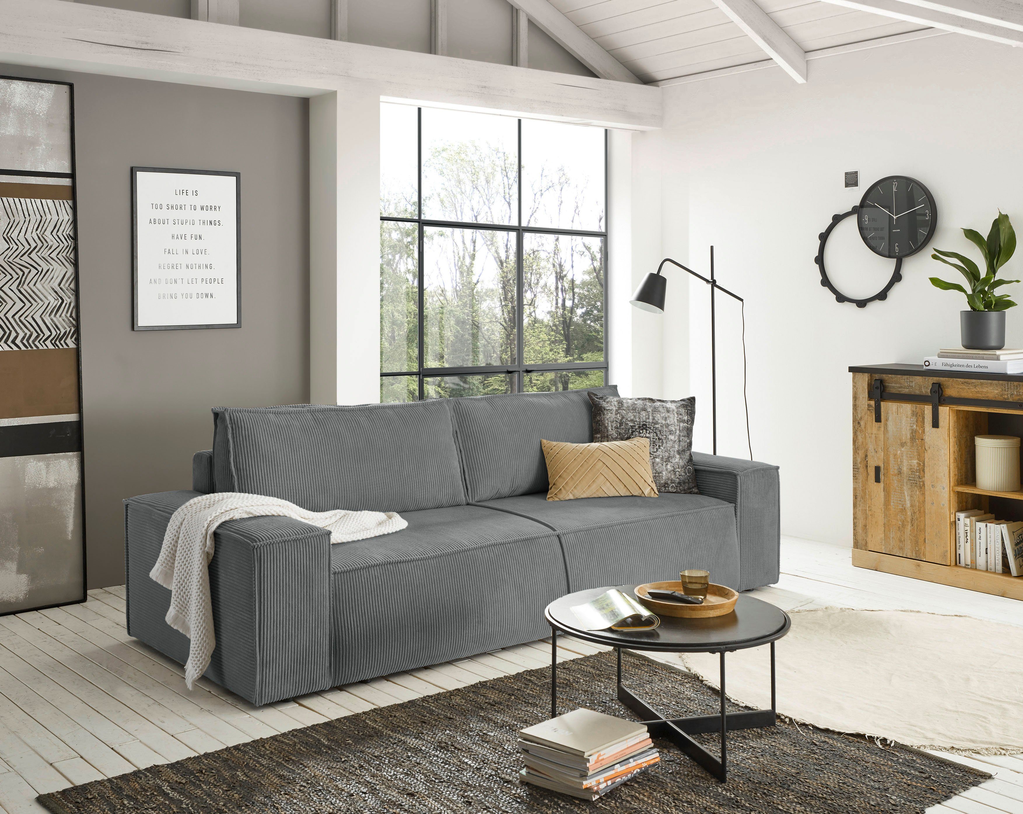 Home affaire 3-zitsbank SHERWOOD slaapbank (257 cm) ribfluweel, velours, vintage lederlook