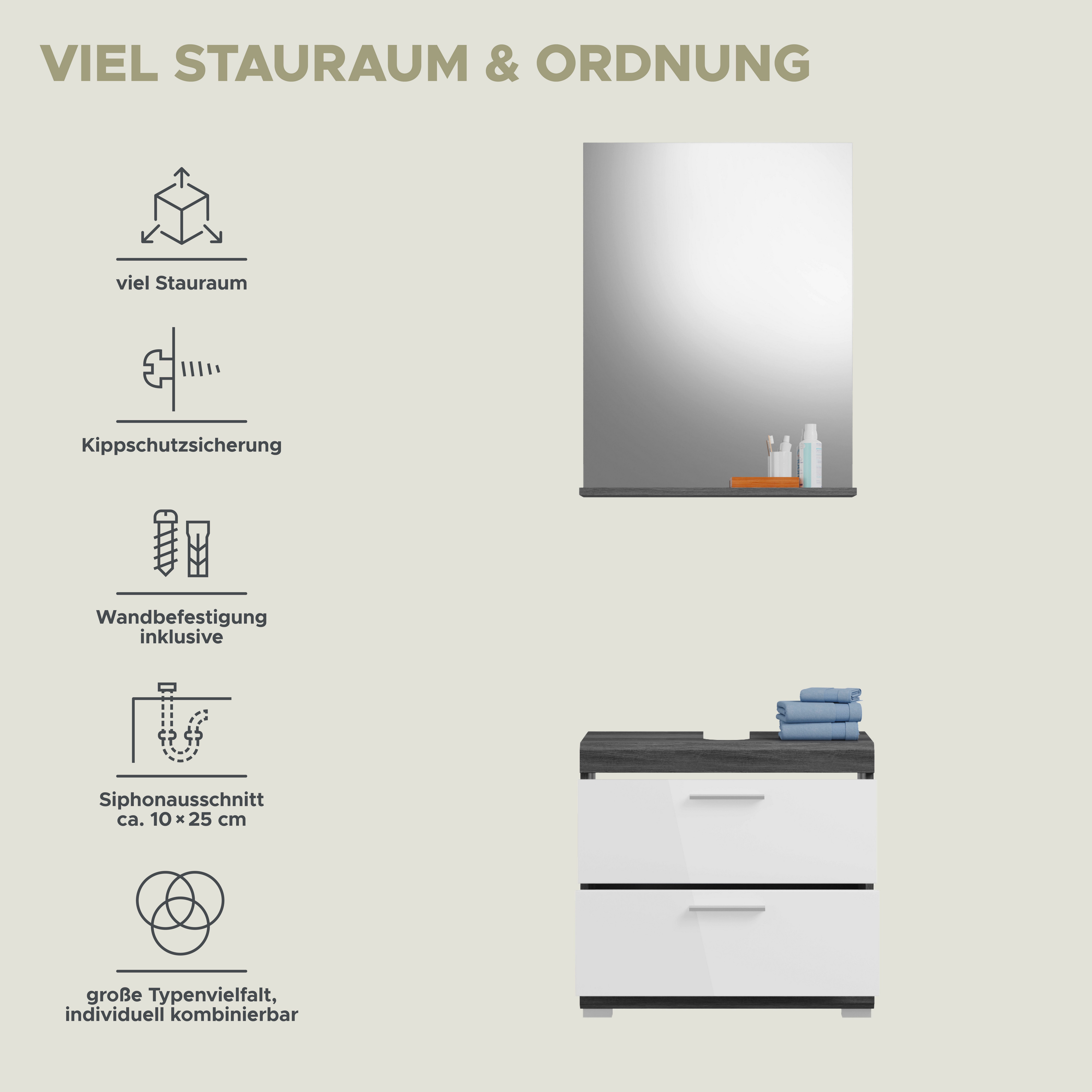 INOSIGN Badkamerserie Siena, 2-delig, bestaande uit: onderkast voor wastafel, spiegel in verschillende kleuren verkrijgbaar, badkamermeubels, combinatie, badkamer (set, 2-delig)