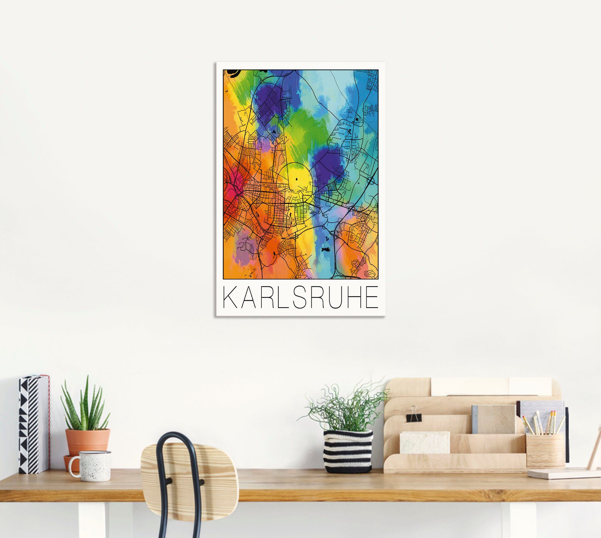 Artland Artprint Retro kaart Karlsruhe aquarel als artprint van aluminium, artprint voor buiten, poster in diverse formaten
