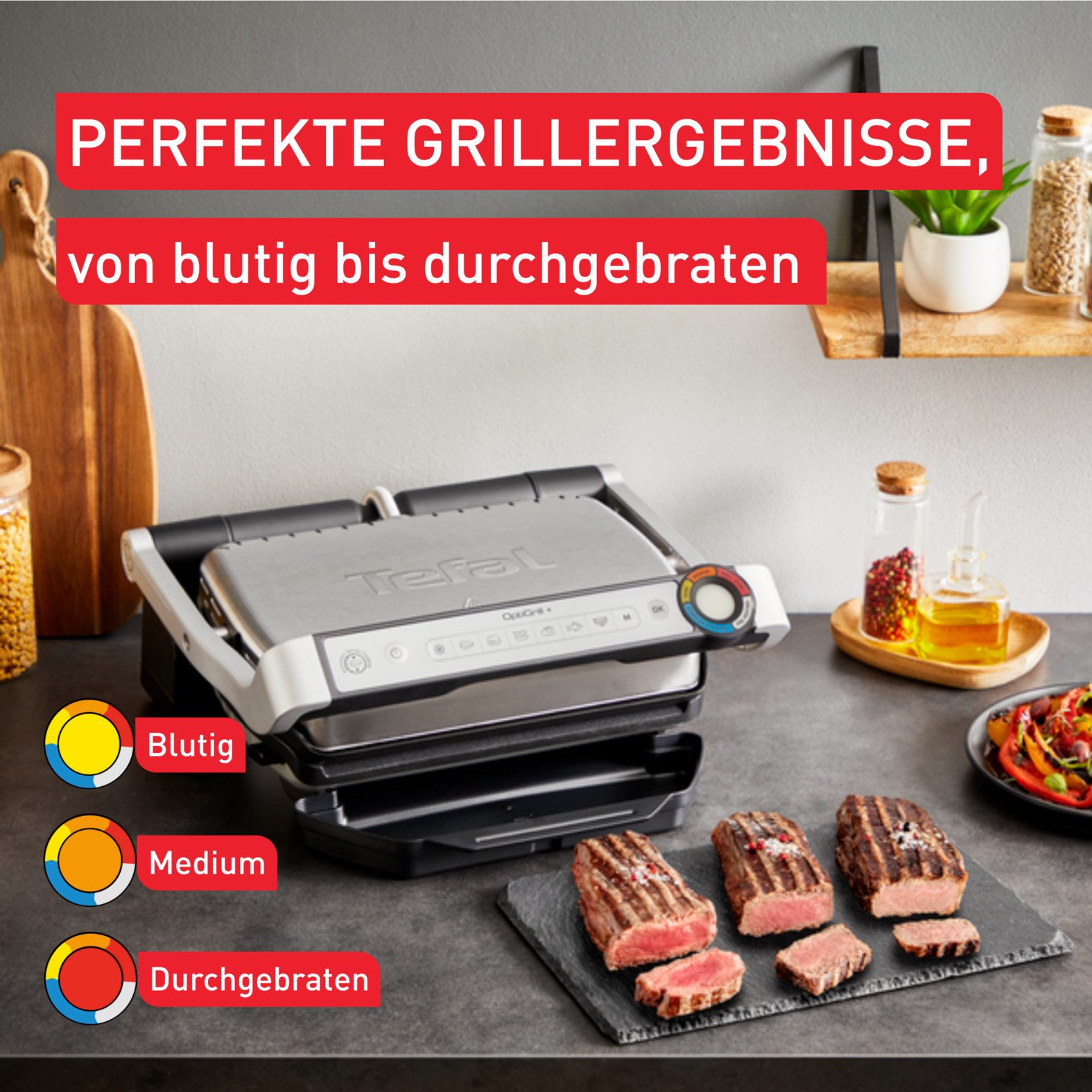Tefal Contactgrill OptiGrill+, erneuerte Kochstufenanzeige, 6 automatische Programme vernieuwde kookniveau-indicator, 6 automatische programma's, inclusief receptenboek