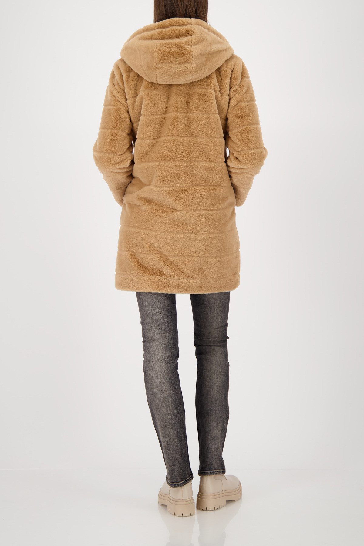 Monari Lange jas van imitatiebont Regular fit met ronde hals en capuchon