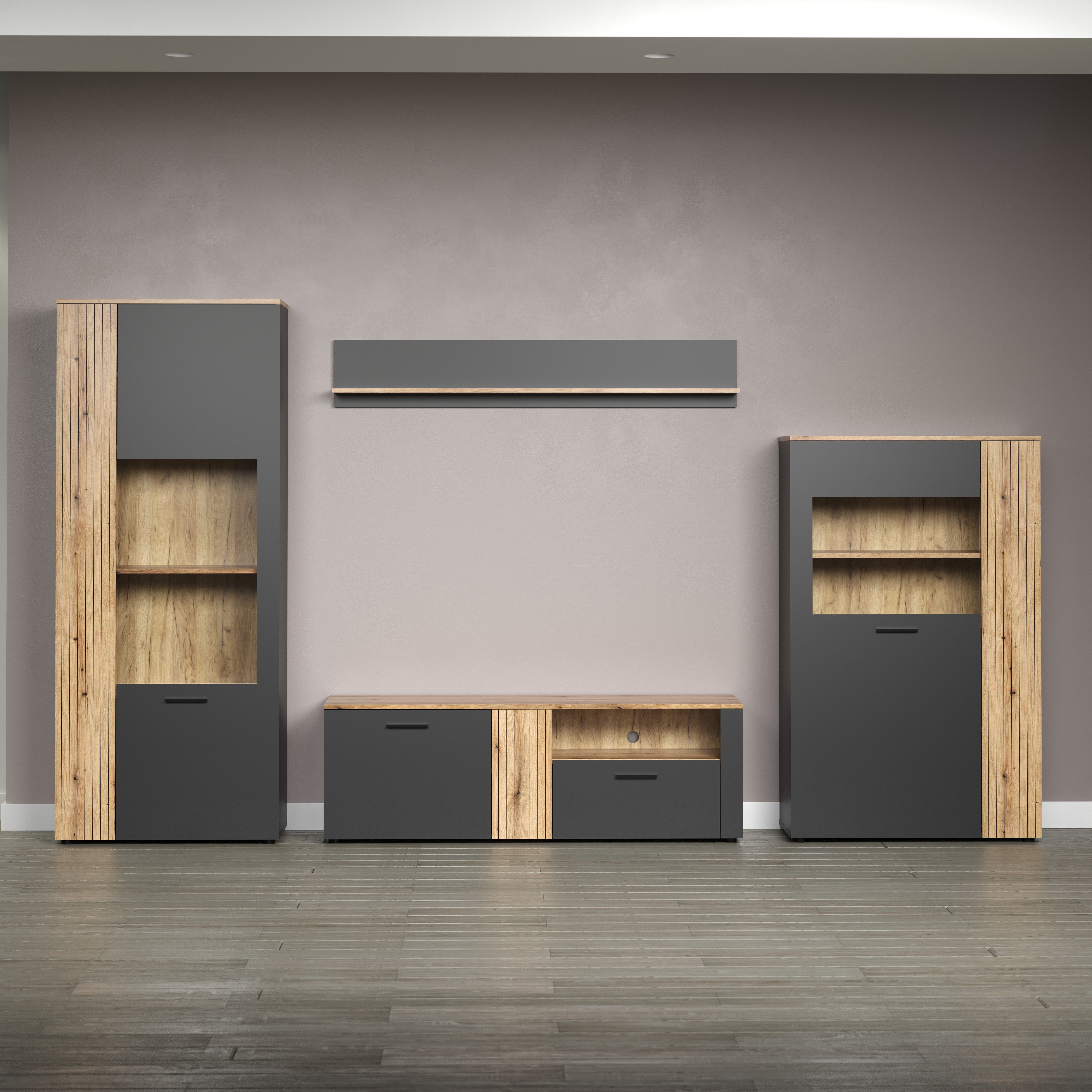 INOSIGN Wandmeubel Estepona Woonkamermeubilair met groevenlook - (B/D/H): 340/42/195 cm (complete set, 4-delig) tv-wandmeubels grijs