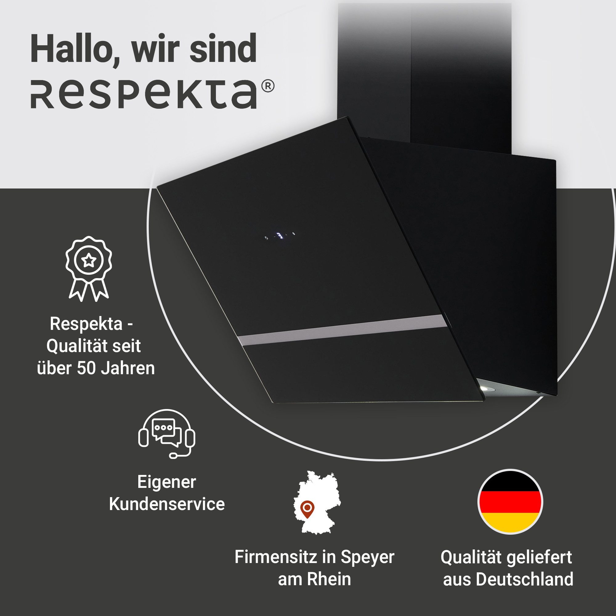 RESPEKTA Schuine wandkap CH 24060 SAM 60 cm, 3 vermogensniveaus, led-verlichting, geschikt voor afzuiging en recirculatie