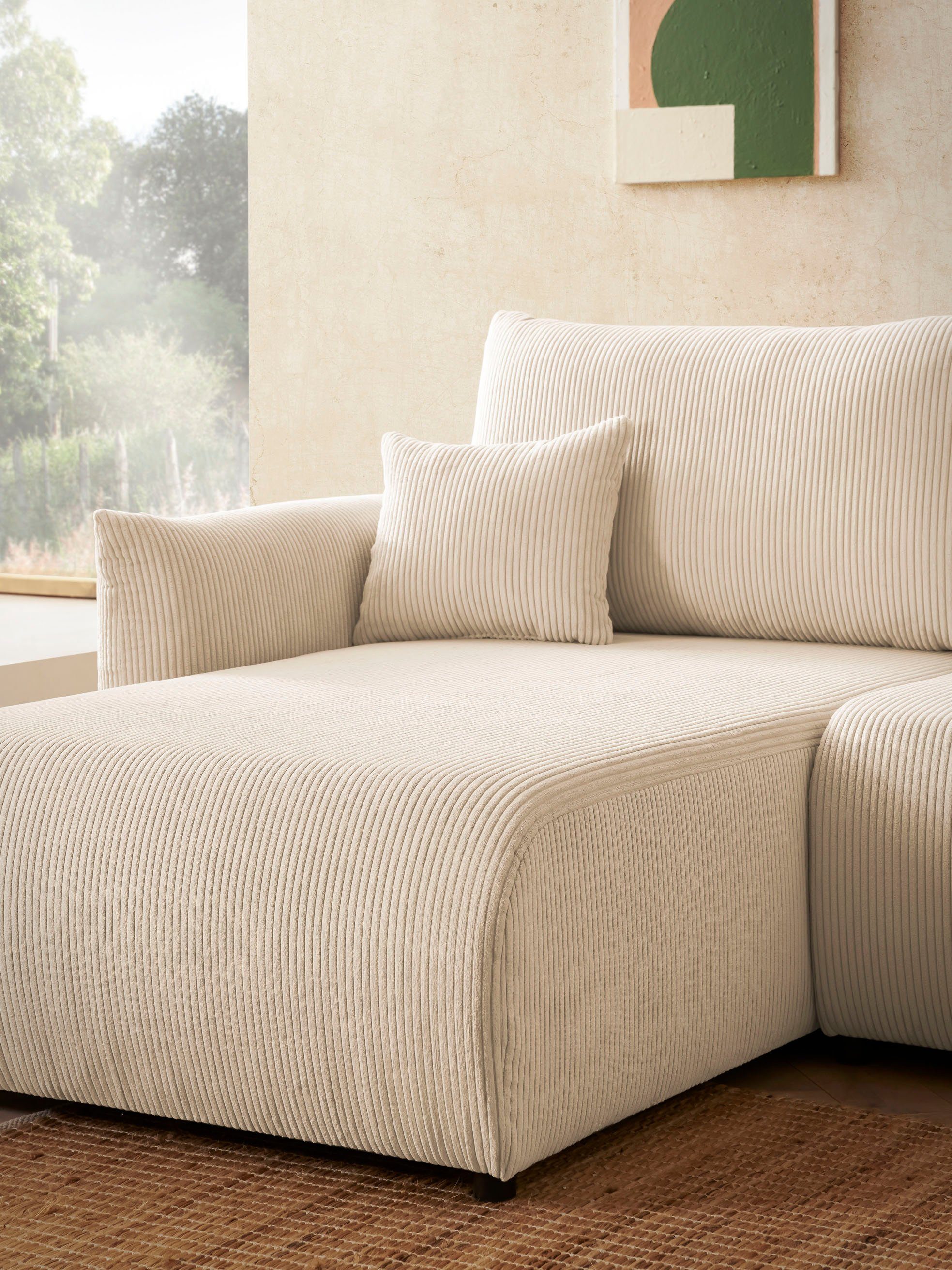 INOSIGN Hoekbank MAVAS bedbank met bedkist, L-model, ca. 257/127 cm (ligoppervlak 212/145 cm), ribfluweel, chenille, structuur