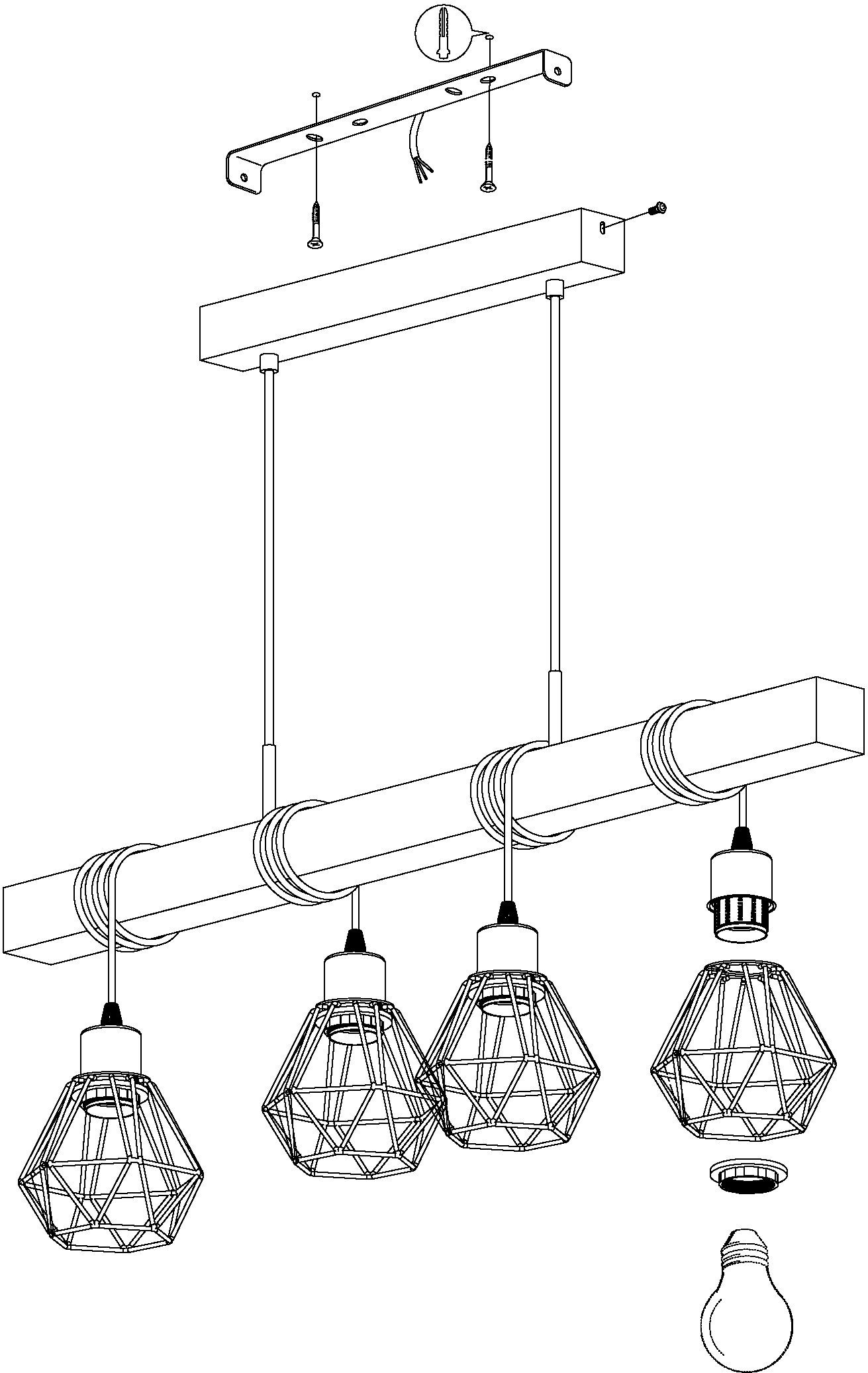 EGLO Hanglamp TOWNSHEND 5 zwart / l70 x h110 x b20 cm / hanglamp van hout en metaal / retro