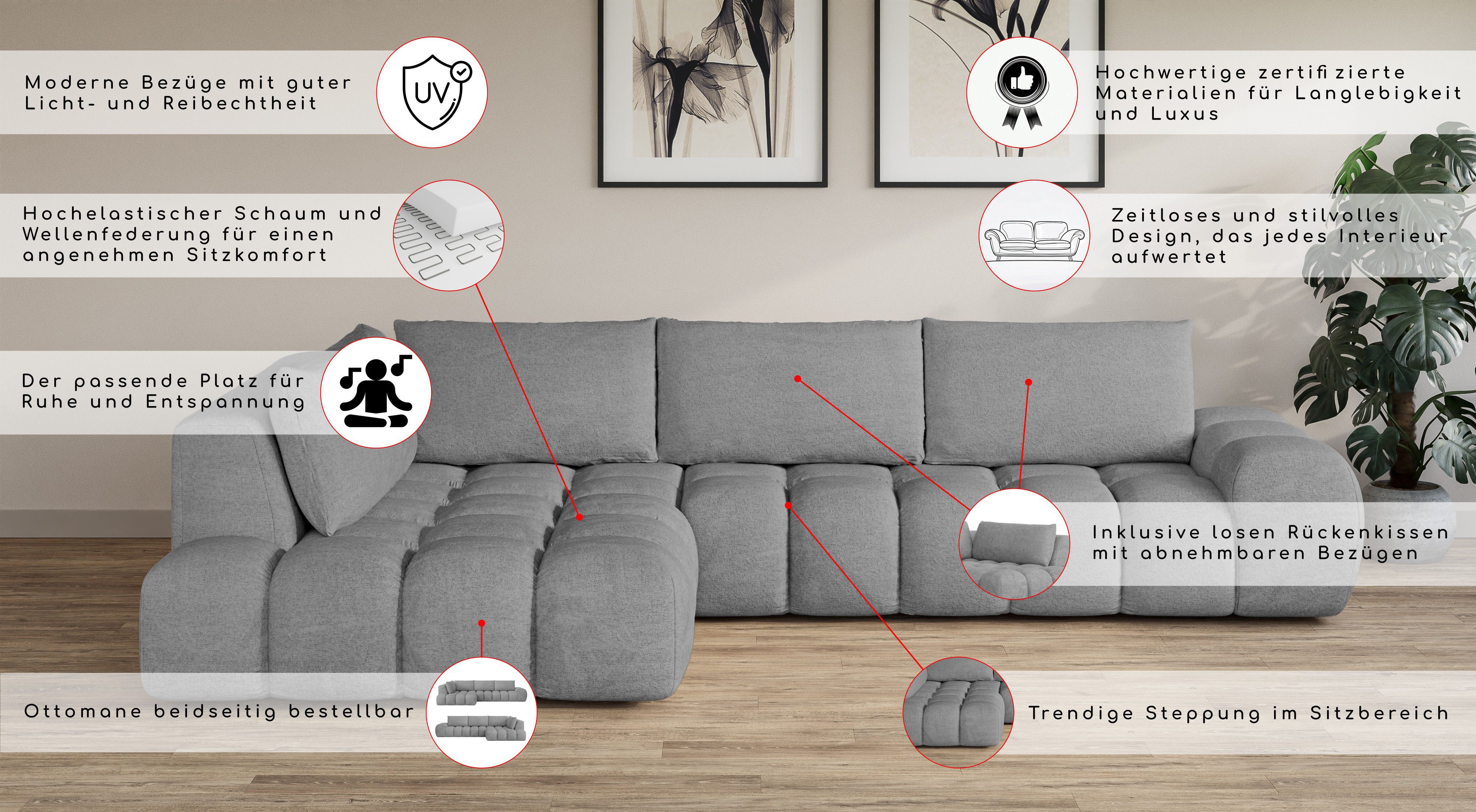 INOSIGN Hoekbank AZITA designbank, elegant en comfortabel L-vorm losse rugkussens, droomachtige stiksels, comfortabele zit