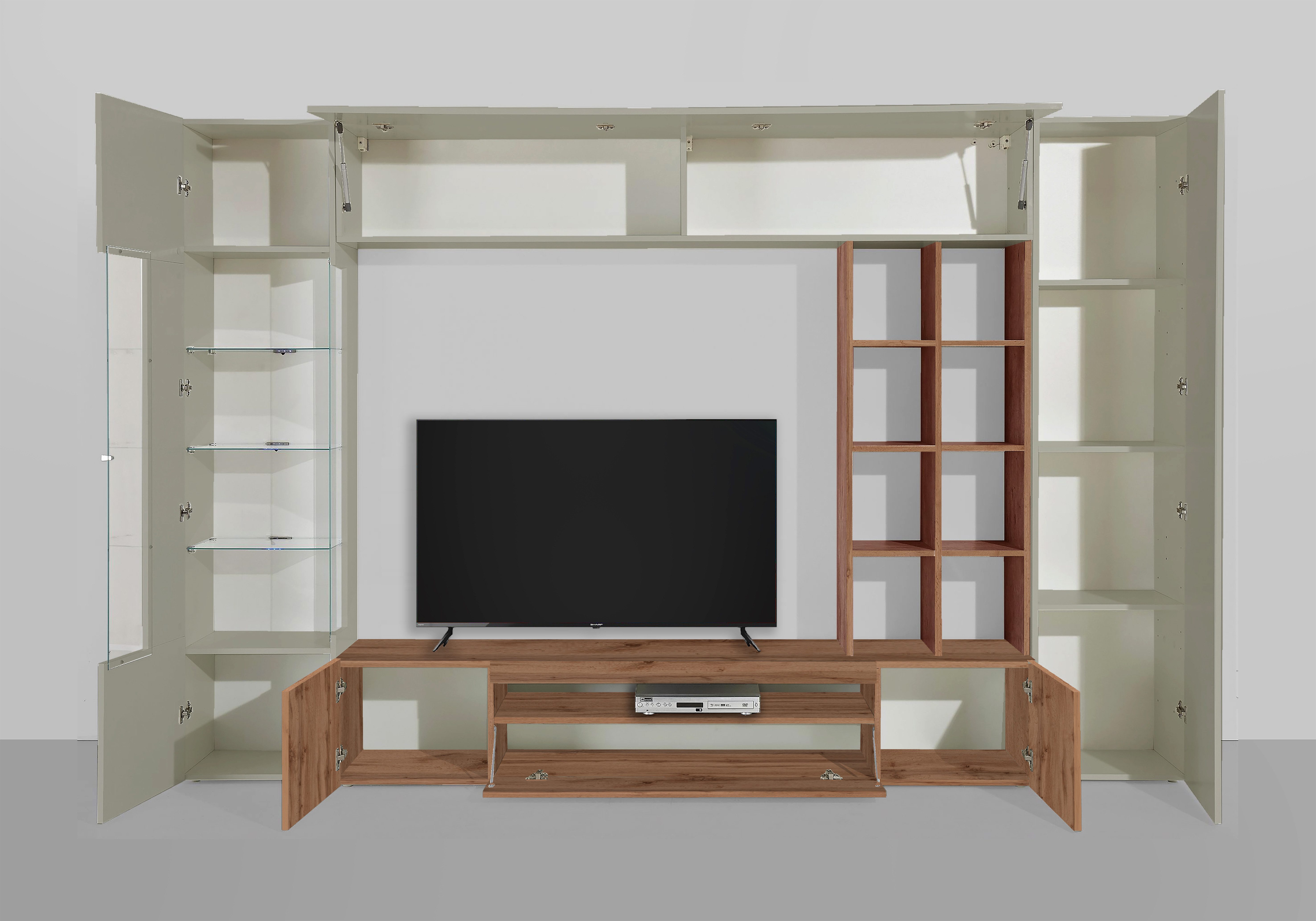 INOSIGN Wandmeubel New Egypt, wandmeubel, mediameubel, woonkamerwand 2 kleppen, 2 kleine deuren, 2 grote deuren, rekopbouw breedte 290 hoogte 191 (set, 5-delig)