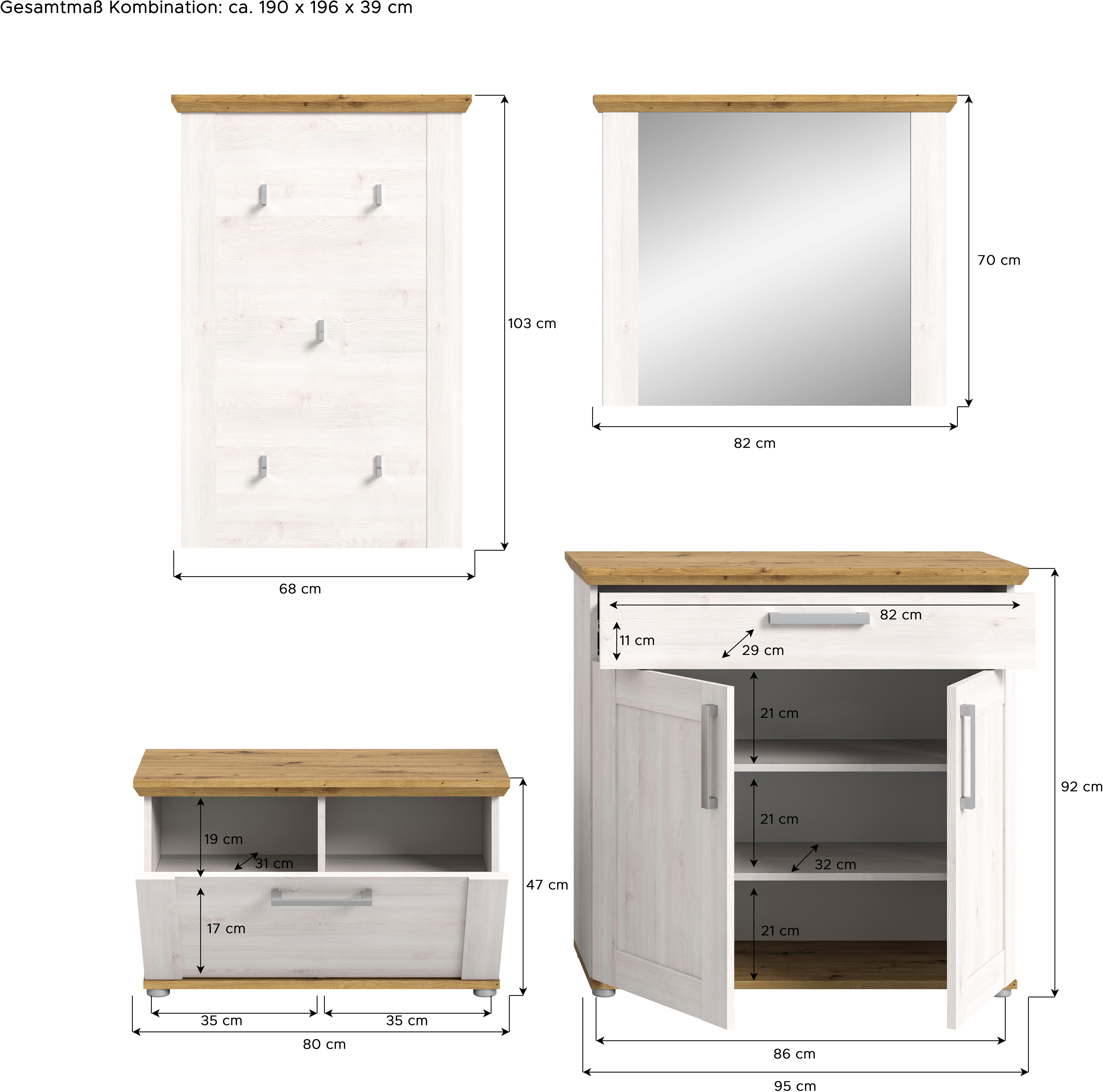 Home affaire Halmeubelset Cosenza, Breedte ca. 190 cm, 2-kleurig, 4-delig, bestaande uit: Zitbank, garderobenpaneel, schoenenkast, spiegel, in landelijke stijl (4-delig)