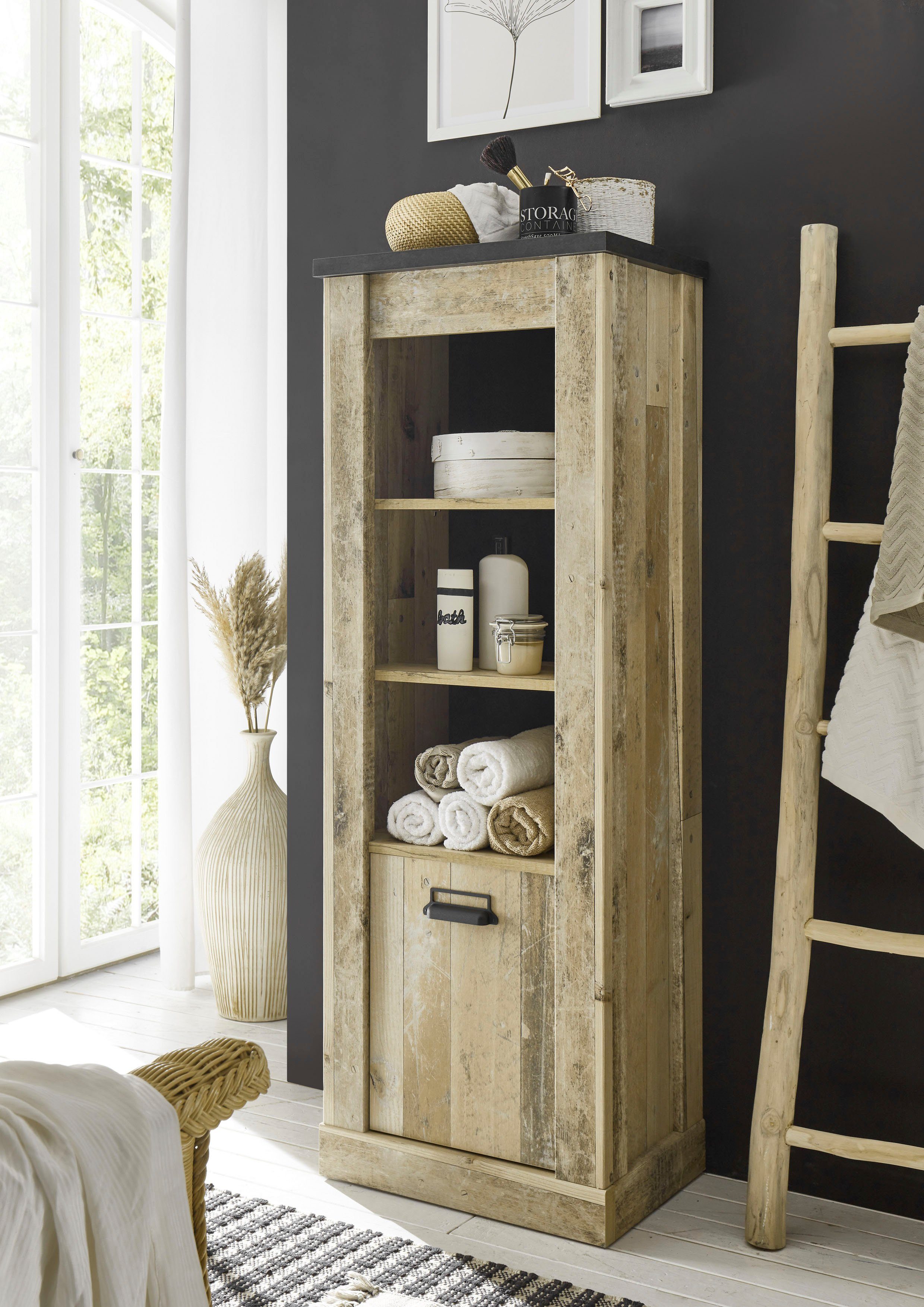 Home affaire Waskast SHERWOOD hoge kast, commode in moderne houtlook, met metalen apothekers handgrepen, hoogte 146 cm