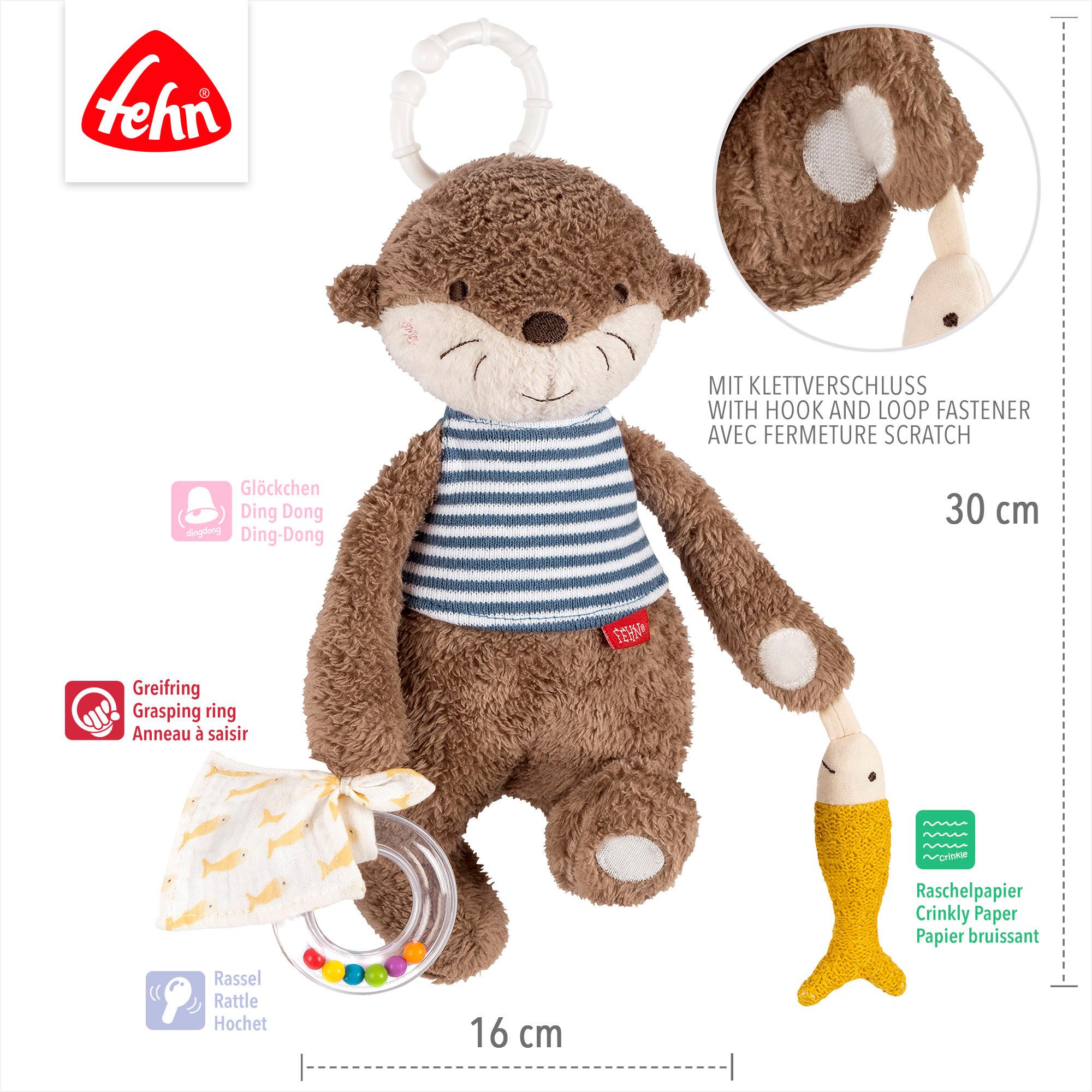 Fehn Grijpspeeltje Otter Theo, activiteit-Otter ter bevestiging aan kinderwagen, babyzitje of bed
