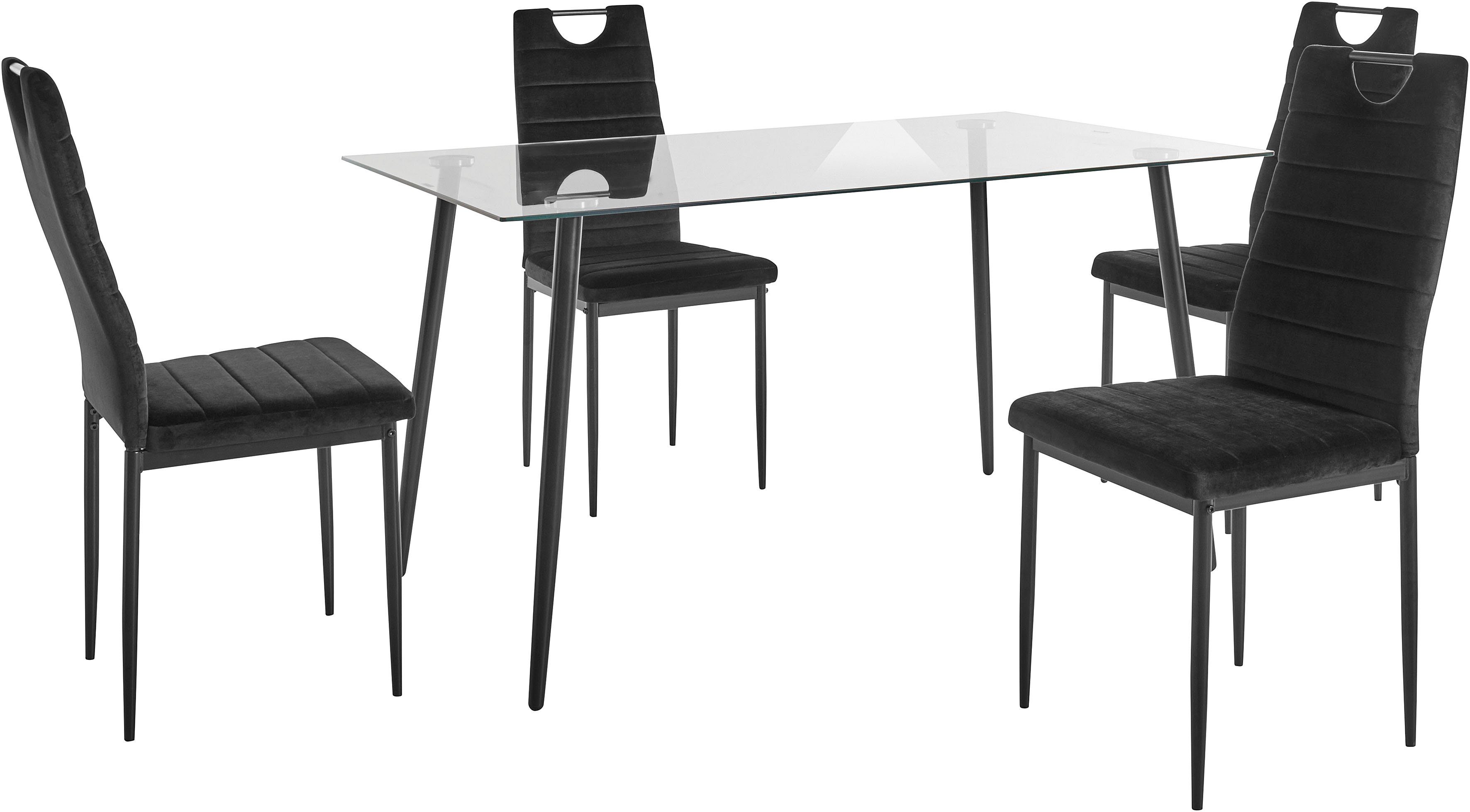 my home Eethoek Danny + Mandy Glazen tafel, breedte 140 cm en 4 eetkamerstoelen, bekleding van fluweel (set, 5-delig)