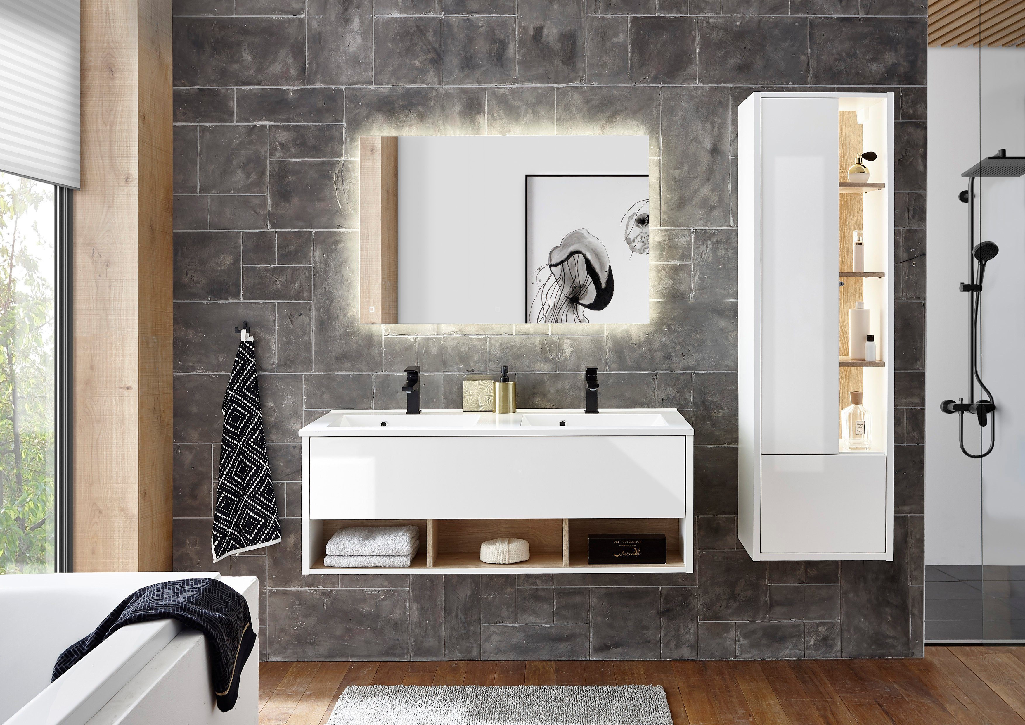 Places of Style Badkamerserie Studio Line, bad in modern ontwerp, 3-delig badkamer Kast, wastafel en spiegel, in twee kleuren beschikbaar, opbergruimte (3-delig)