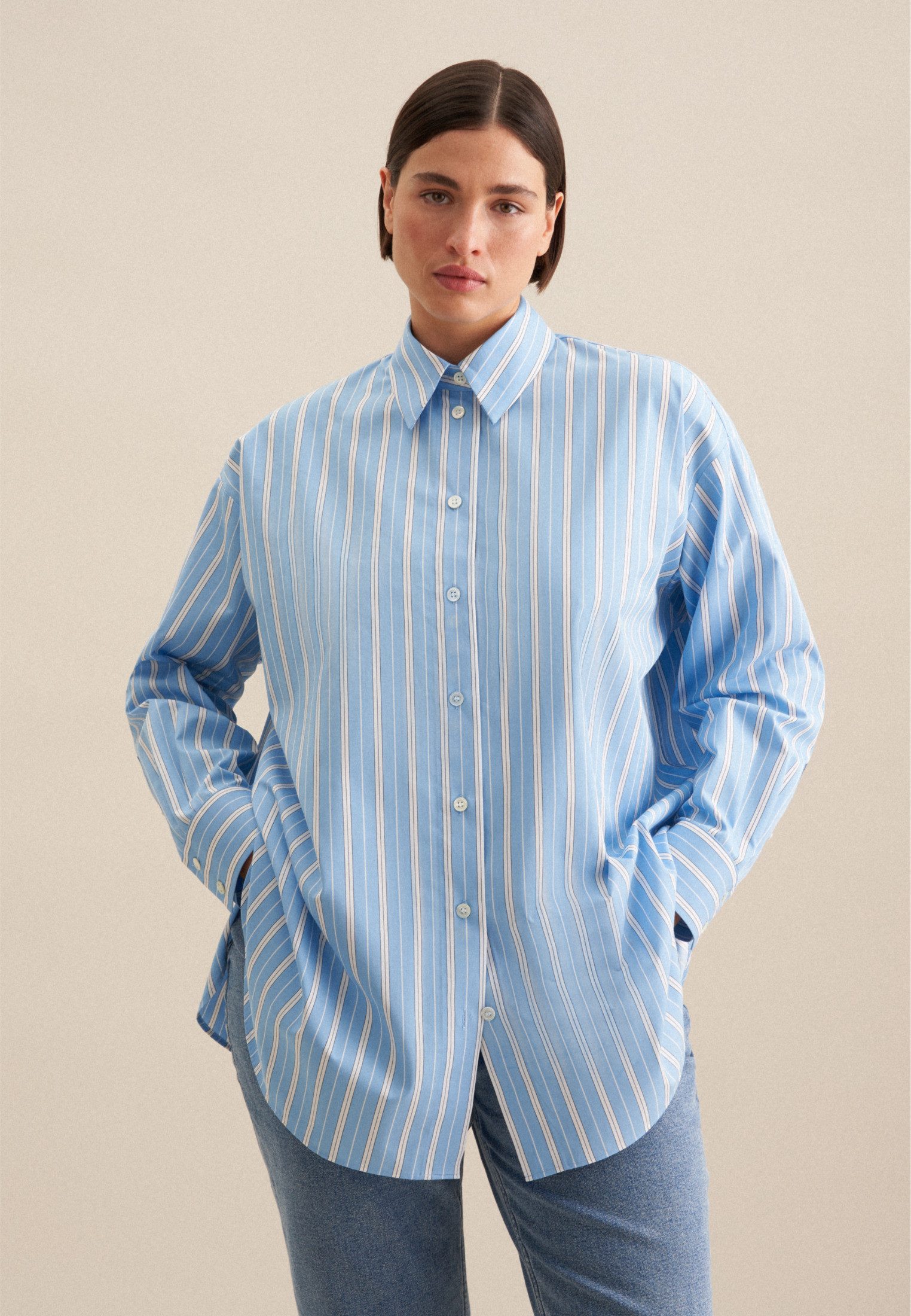 seidensticker Lange blouse Zwarte roos Lange mouwen kraag strepen