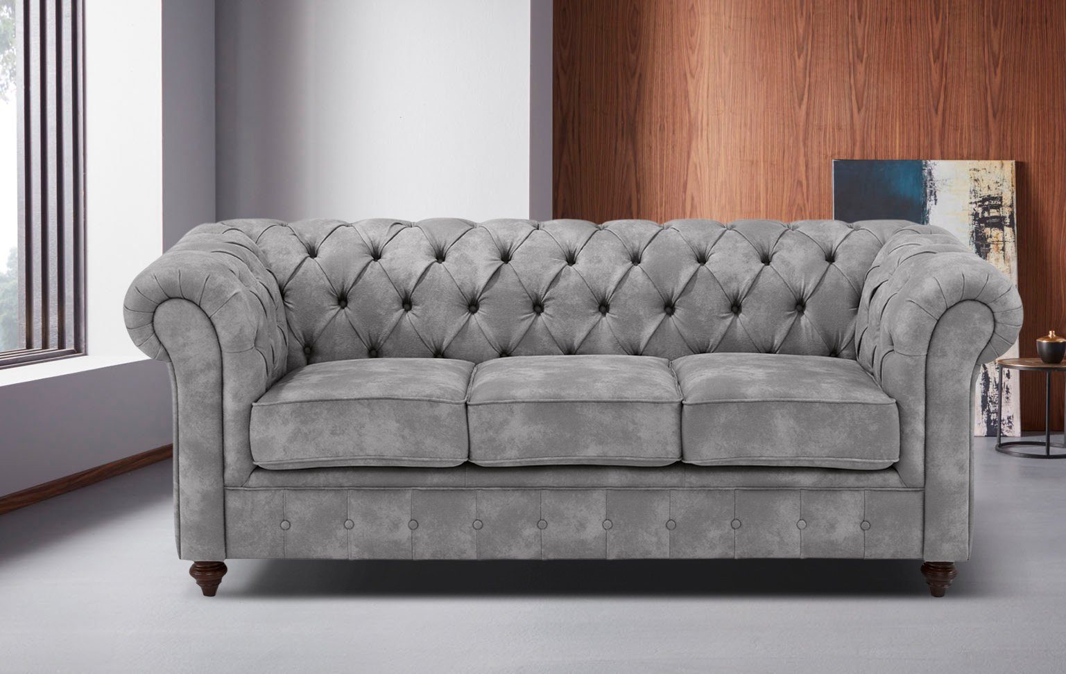 Home affaire Chesterfield-bank Chesterfield 3-zits B/D/H: 198/89/74 cm met hoogwaardige knoopdetails, ook in leer