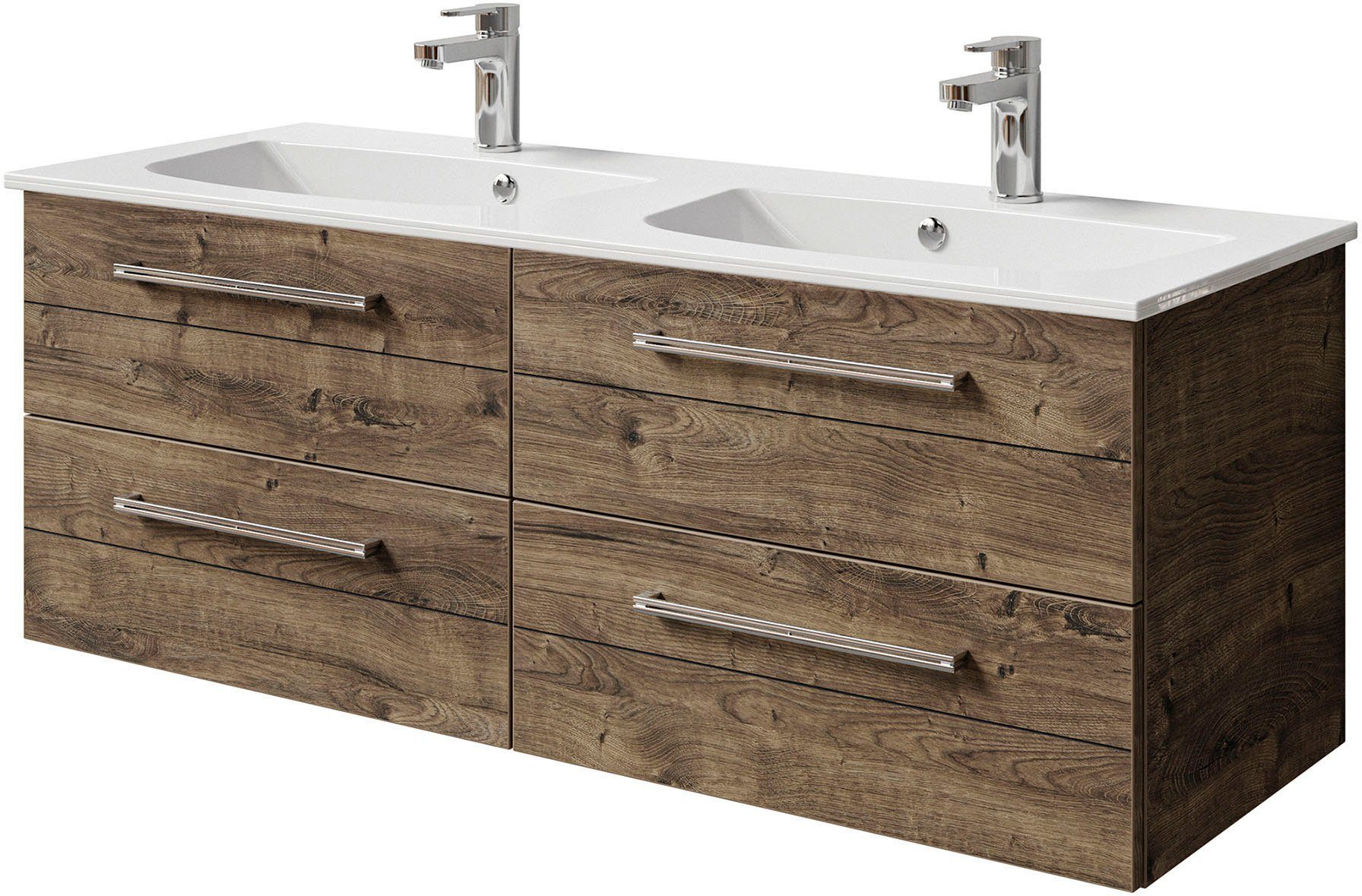 Saphir Wastafelonderkast Serie 6025 mineraalmarmeren wastafel met onderkast, 132 cm breed Dubbele wastafel met 4 lades, hangend, verschillende